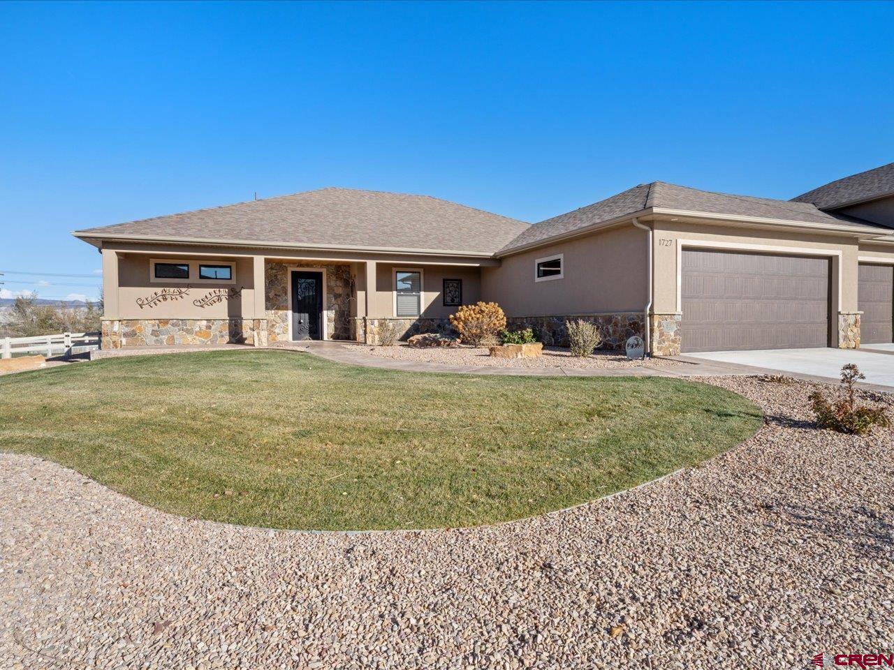 Stone Ridge Subdivision, built by a local builder. Duplex Style. Only 6 in neighborhood. Sub Association for Yard Care and Snow removal. LOCK AND LEAVE. Sub Association $150.00 per month. Beautiful finish Knotty Elder. 3 bedrooms, 2 baths, see through fireplace living room to M. Bedroom Study just off living room Utility Room and Pantry. Beautiful extended patio with built in Bar Be Que. Fenced back yard. 14 Panel Solar System, installed and functioning with DMEA. Warranty transferable to new owner. 3 car attached garage.  Perfect condition Move in Ready Leather granite counter tops. Study furniture for sale. Solid Oak Desk and Credenza by Broyhill.  Listing Agent is related to one of the sellers.  Must See This Home.