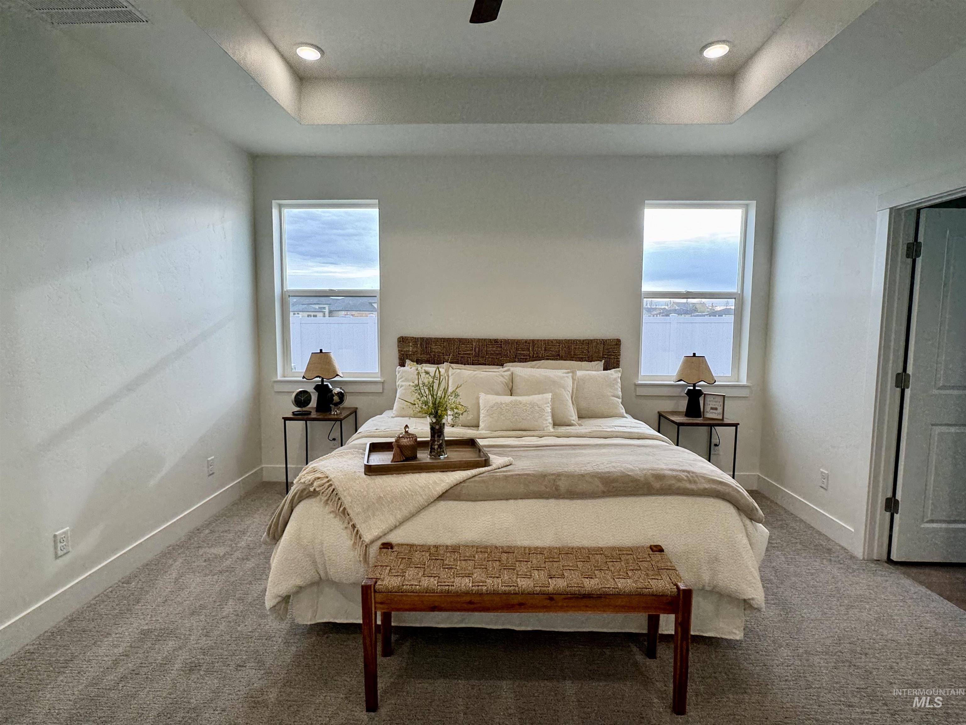 Bedroom featuring a raised ceiling, carpet, and multiple windows