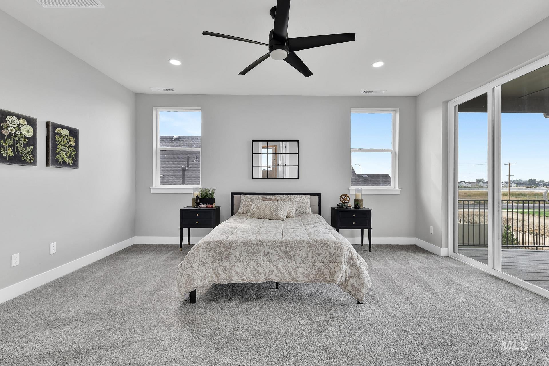 Bedroom with light colored carpet, access to exterior, ceiling fan, and recessed lighting