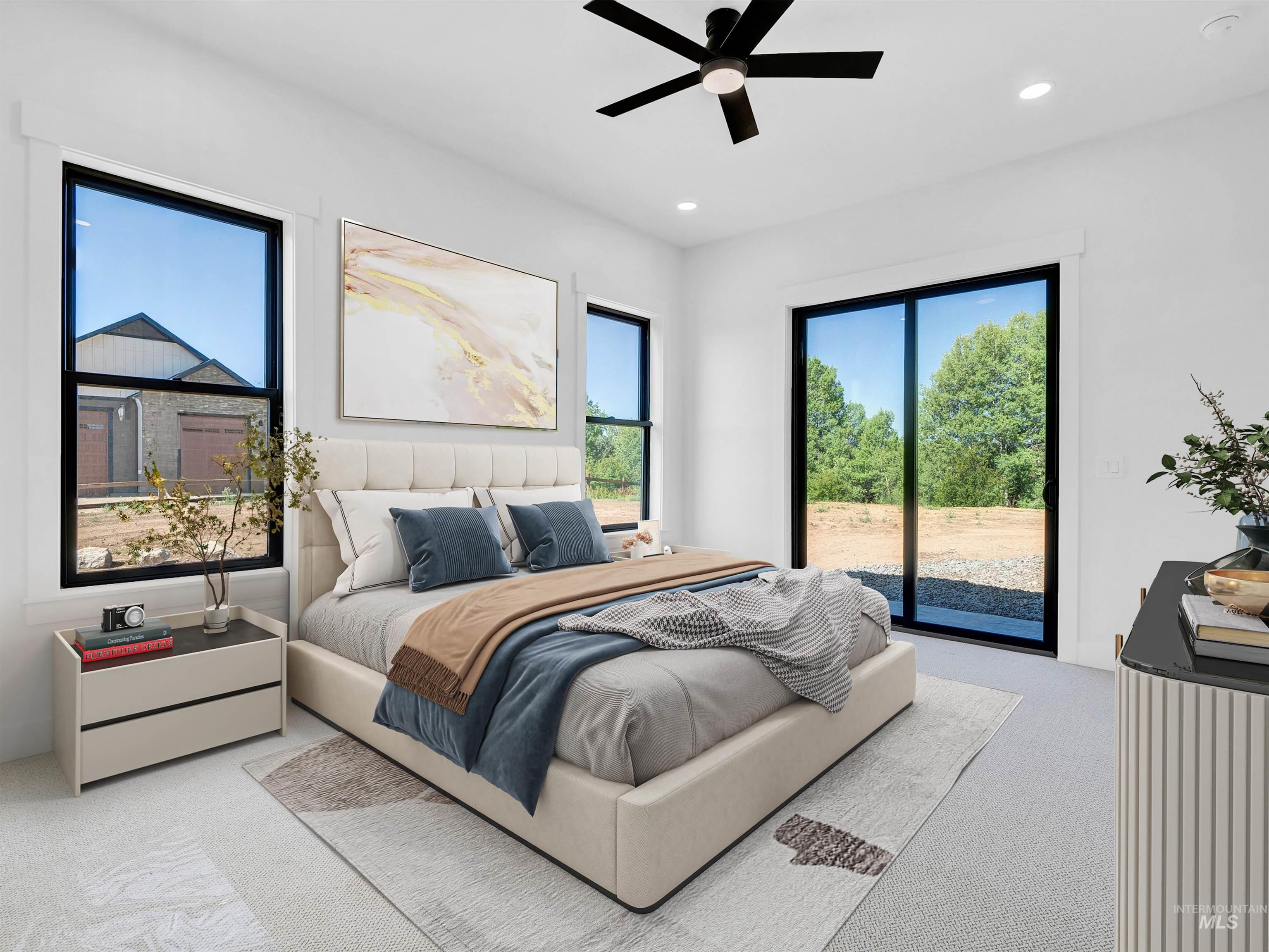 Carpeted bedroom with access to outside, recessed lighting, and a ceiling fan