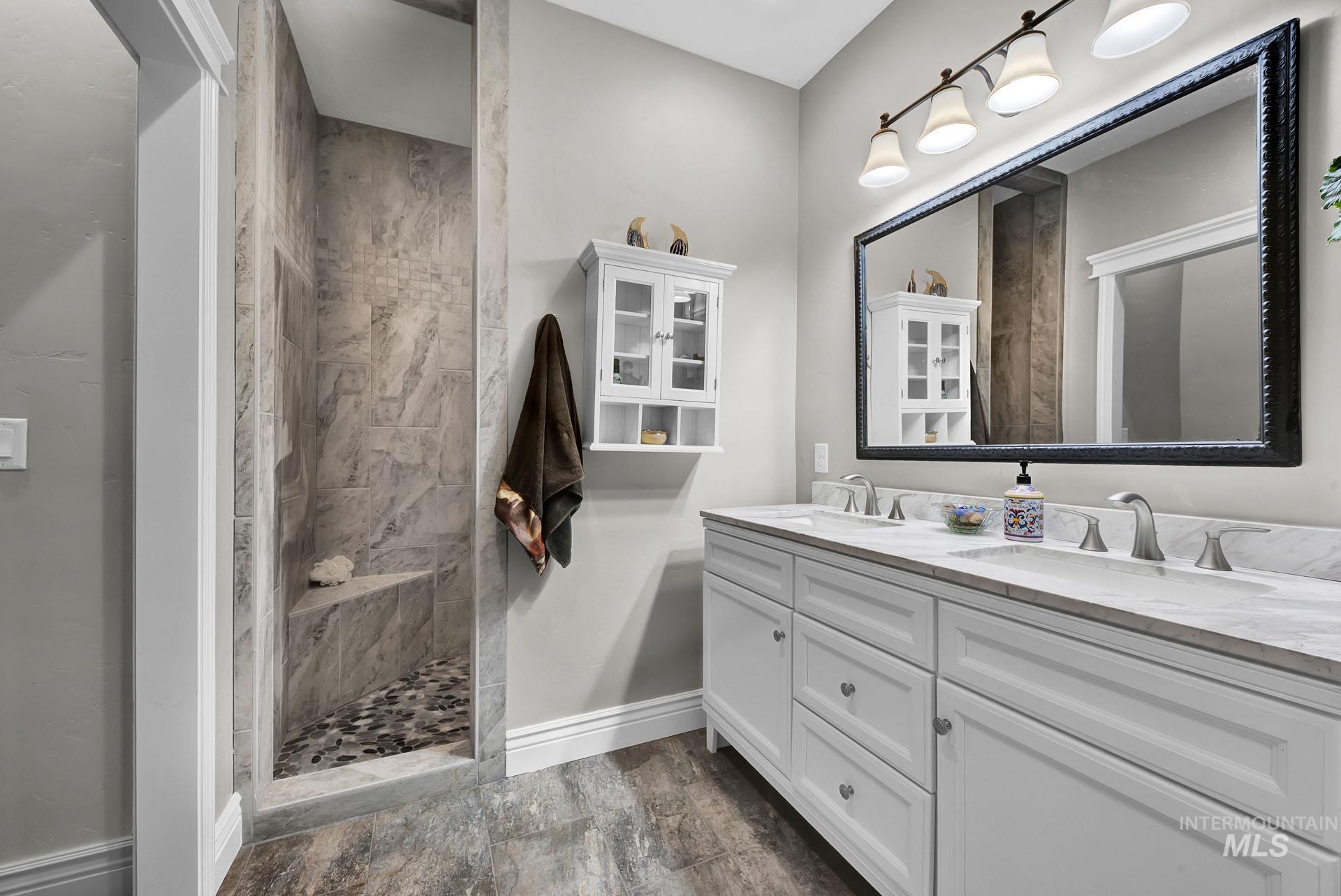 Bath attached to Suite with oversized vanity - double lava and tiled walk in shower