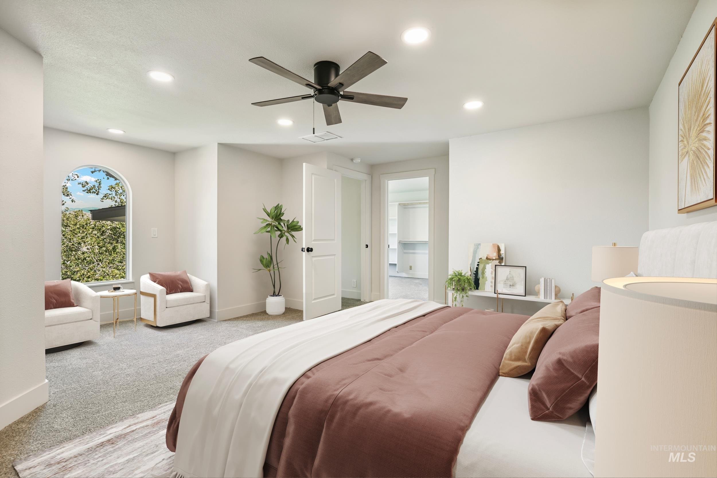 Bedroom featuring carpet, recessed lighting, and ceiling fan
