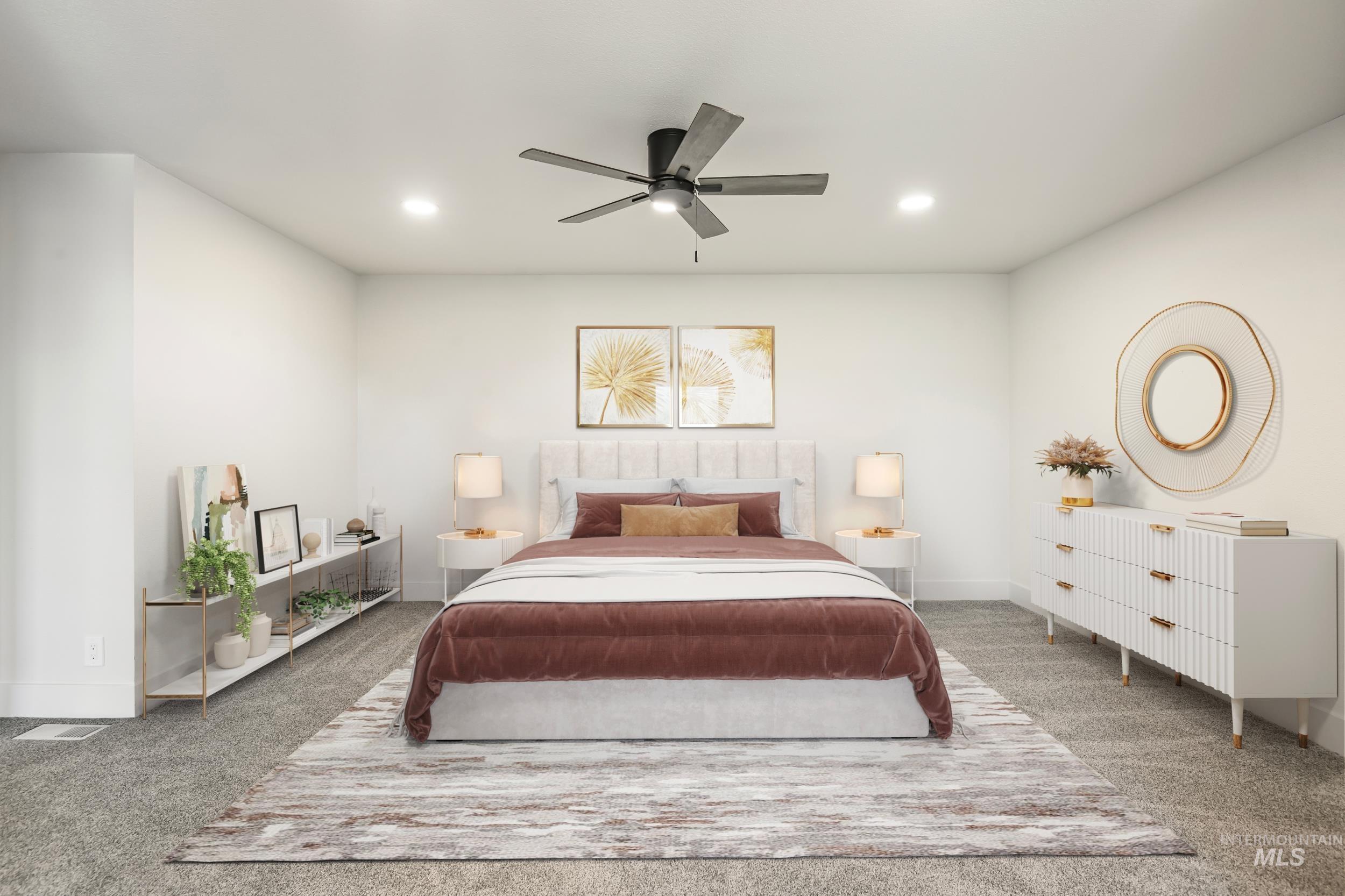Carpeted bedroom featuring recessed lighting and ceiling fan