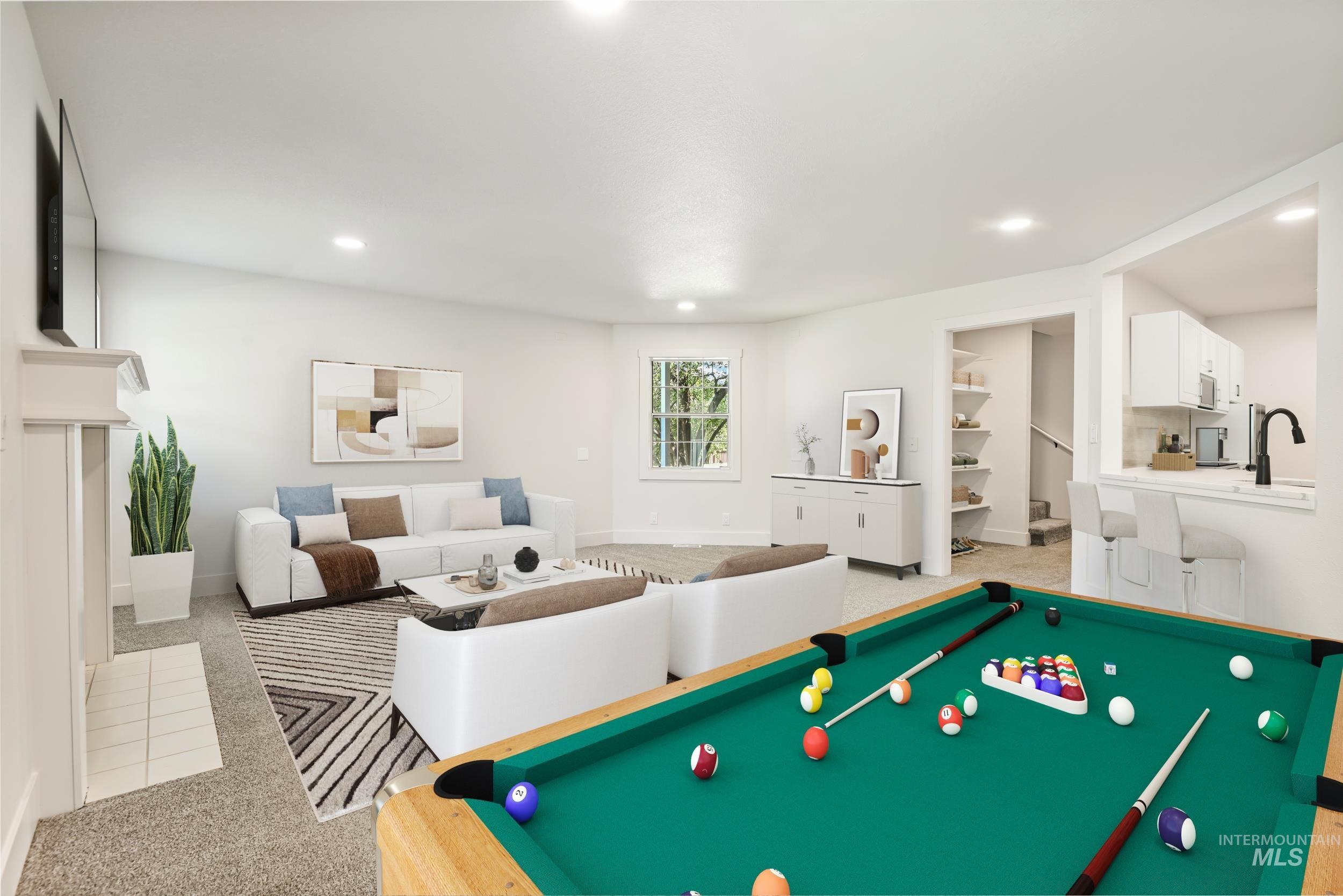 Playroom with light colored carpet, recessed lighting, and billiards table