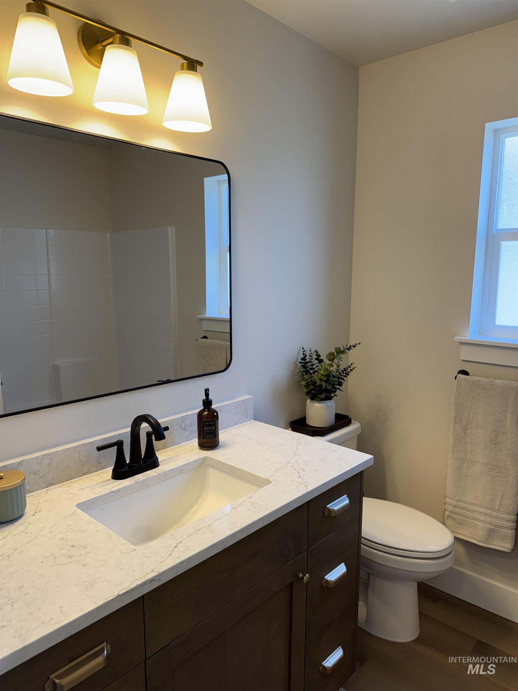 Bathroom featuring vanity and wood finished floors