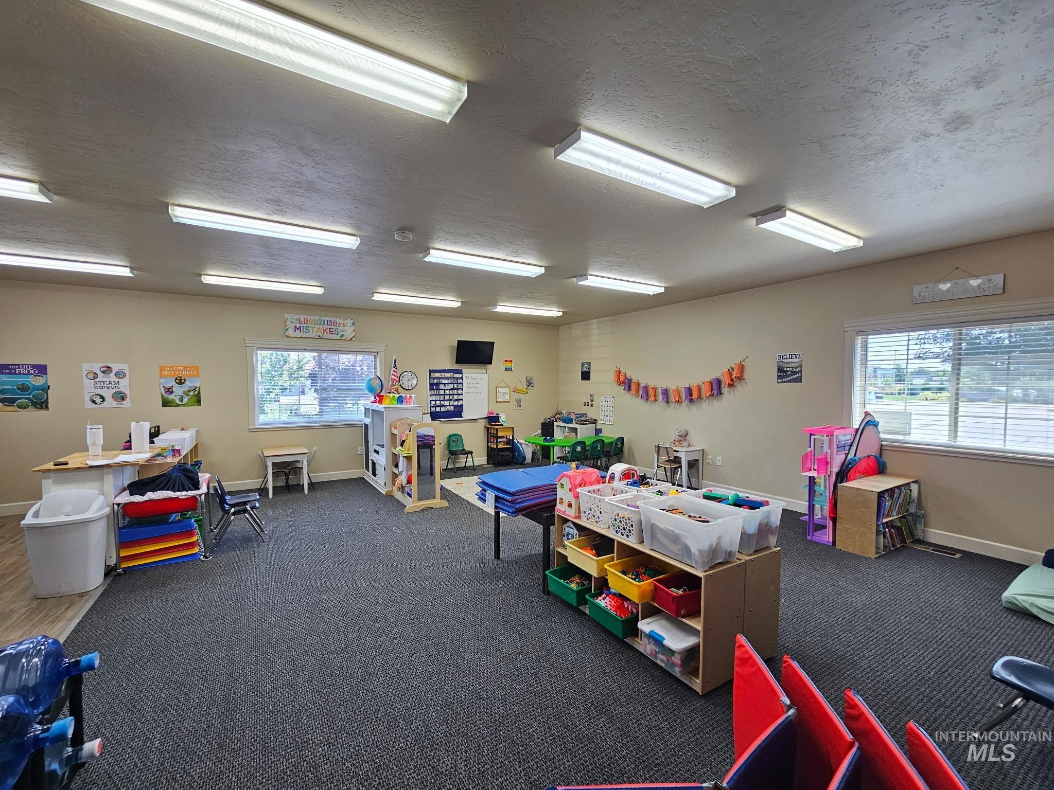 Playroom with a textured ceiling, healthy amount of natural light, and carpet flooring