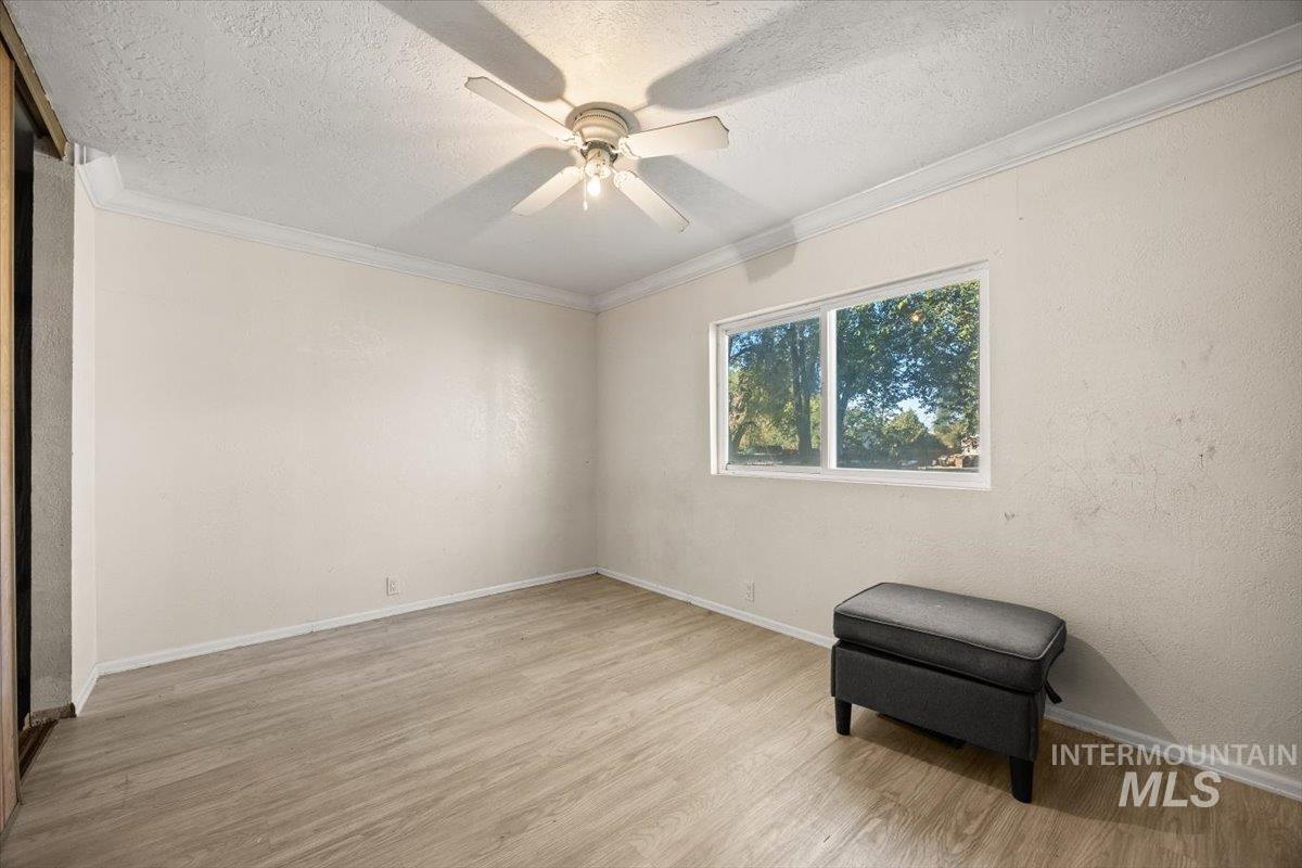 featuring crown molding, light wood-type flooring, a textured ceiling, ceiling fan, and a textured wall
