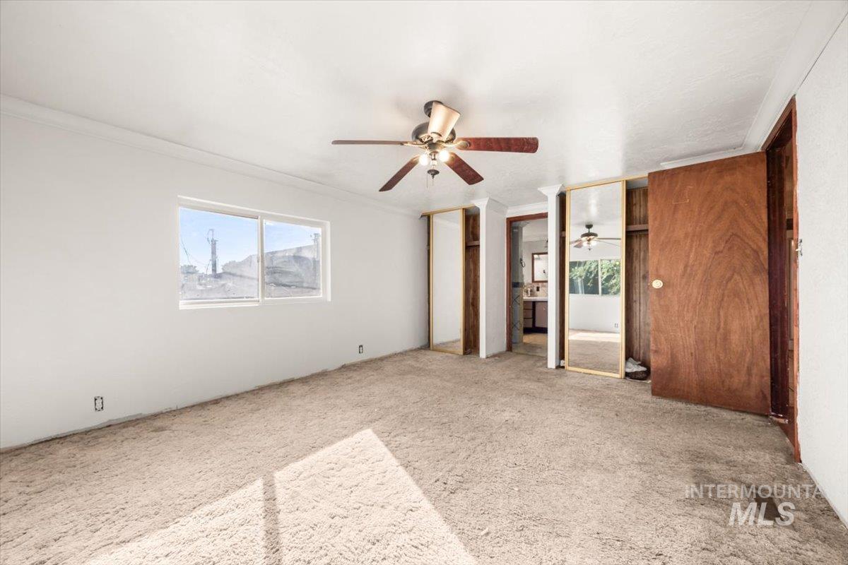Unfurnished bedroom featuring multiple closets, a ceiling fan, carpet floors, crown molding, and ensuite bath