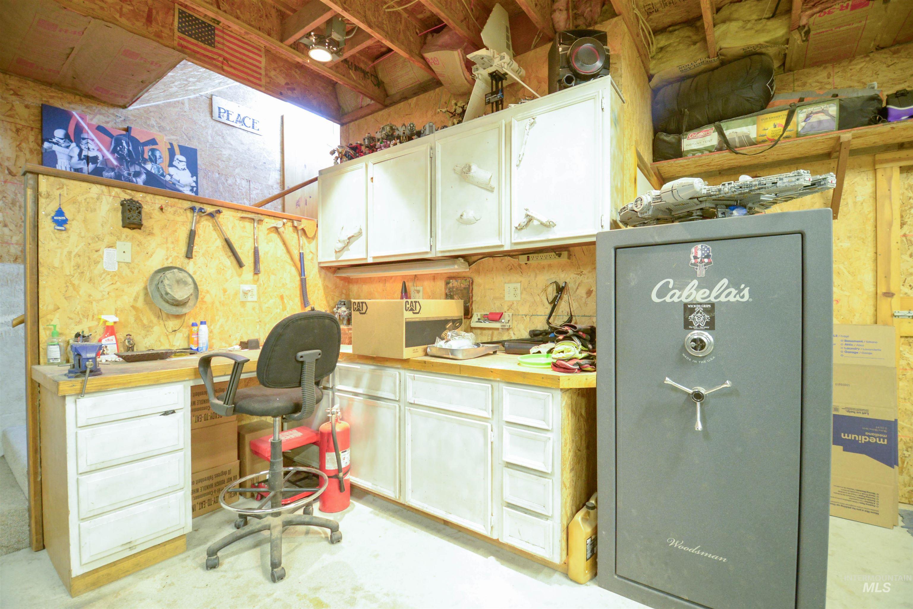 Basement with a workshop area