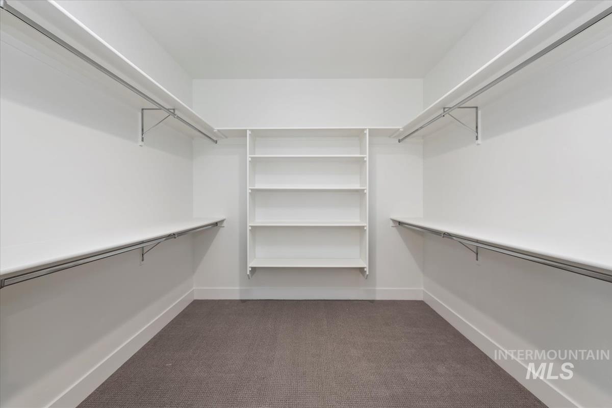Walk in closet featuring dark colored carpet