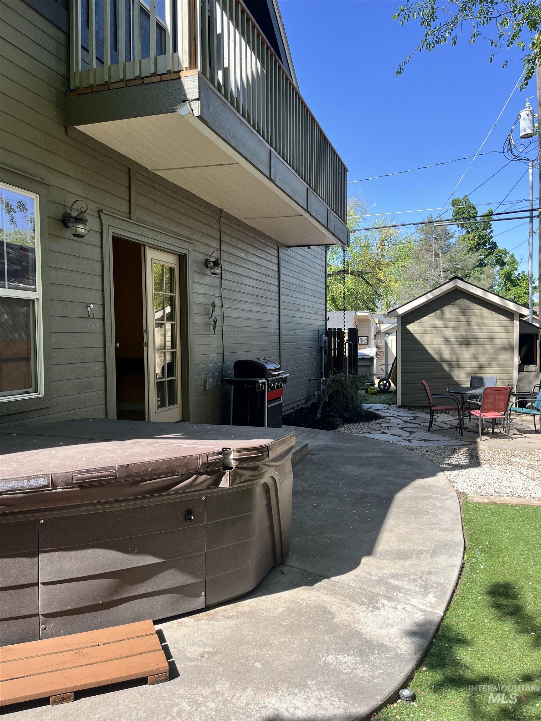Easy care back yard.  Fully fenced.  Ample patio space + turf yard + stone court yard seating area + storage shed + full auto sprinklers.