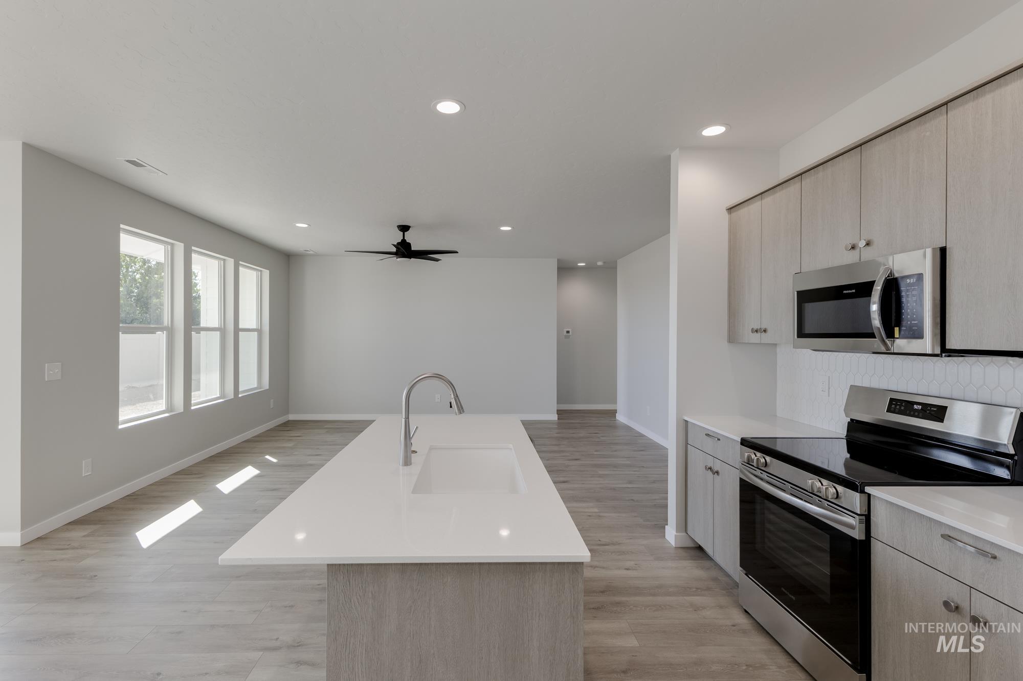 Kitchen with stainless steel appliances, open floor plan, light wood-style flooring, light countertops, and recessed lighting
