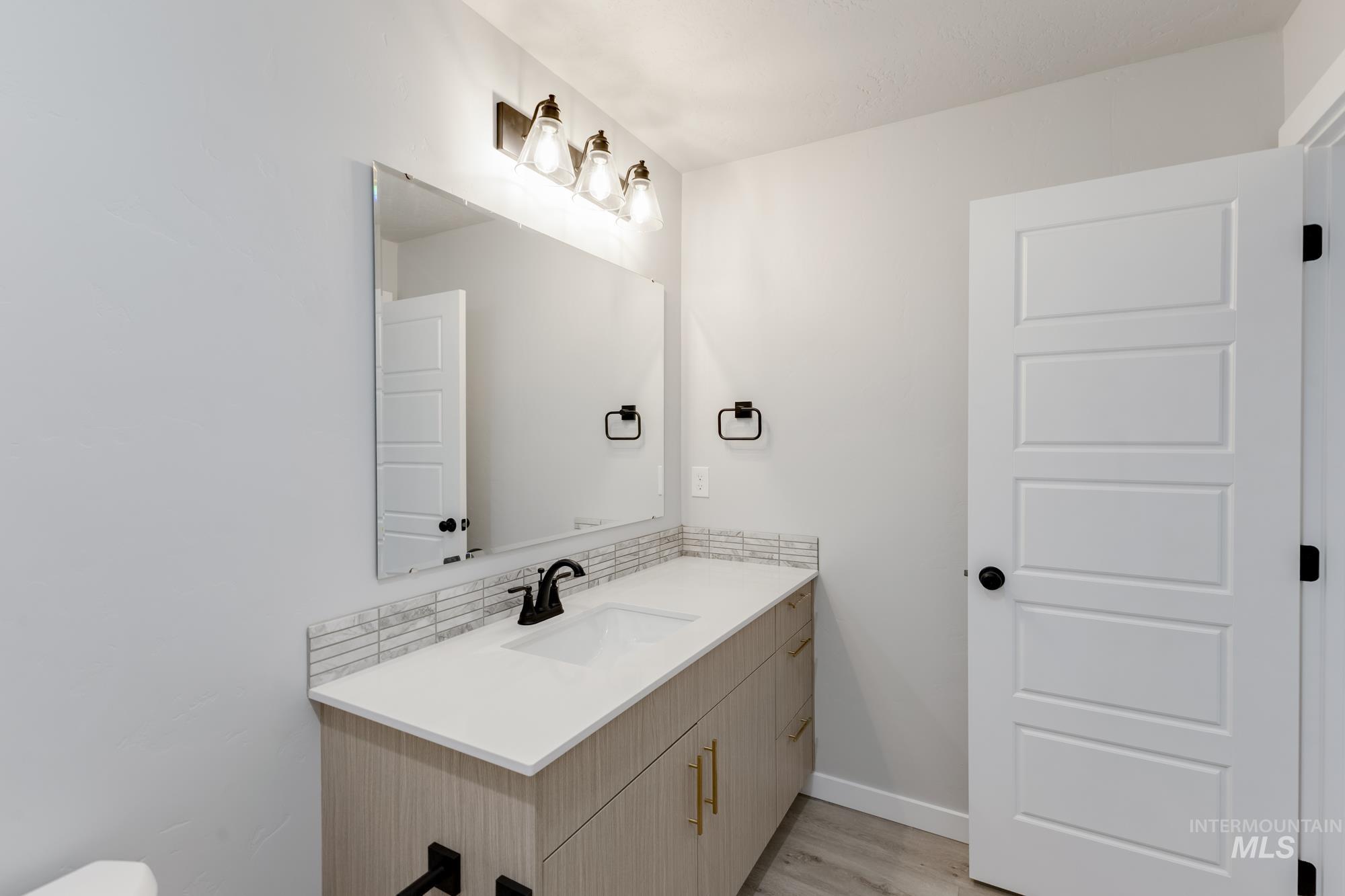 Bathroom with vanity, wood finished floors, and decorative backsplash