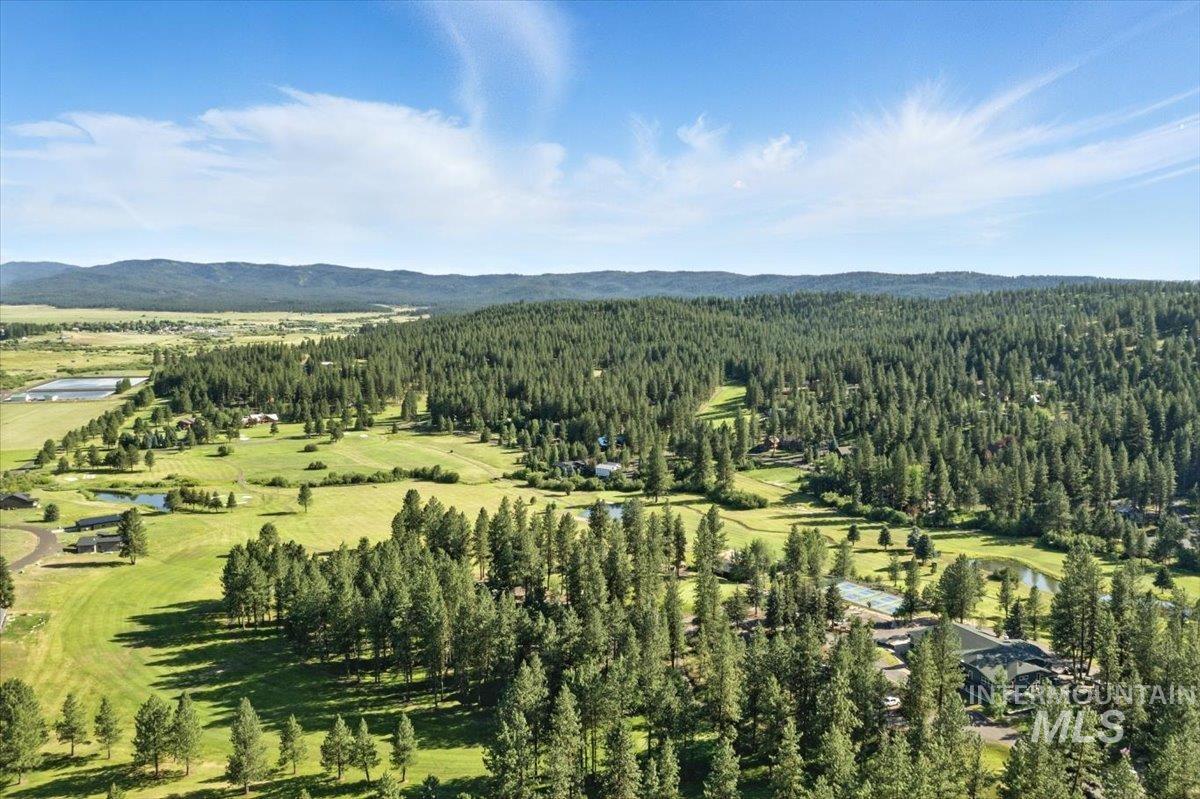 View of mountain background featuring a heavily wooded area and a nearby body of water