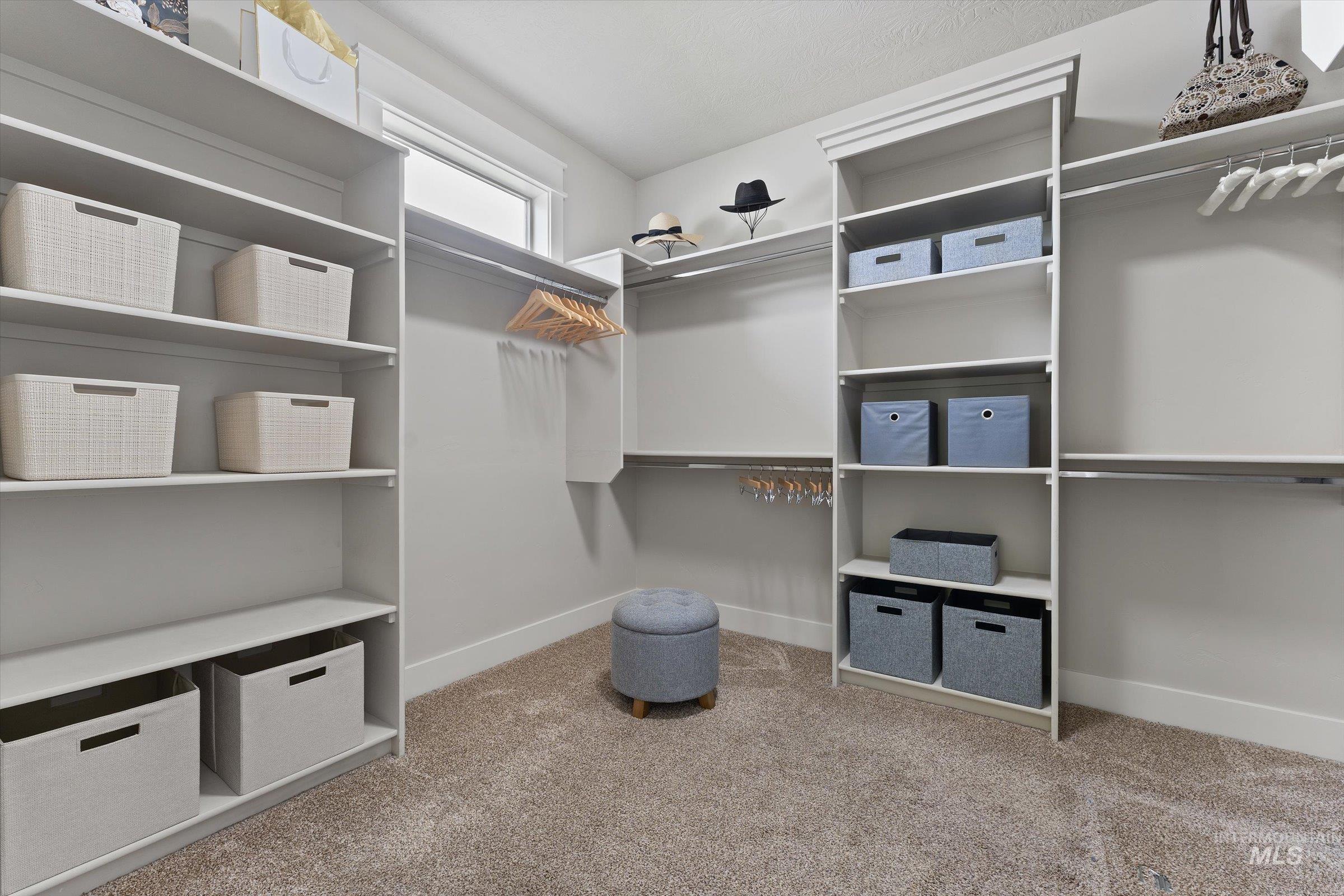 Spacious closet with light colored carpet
