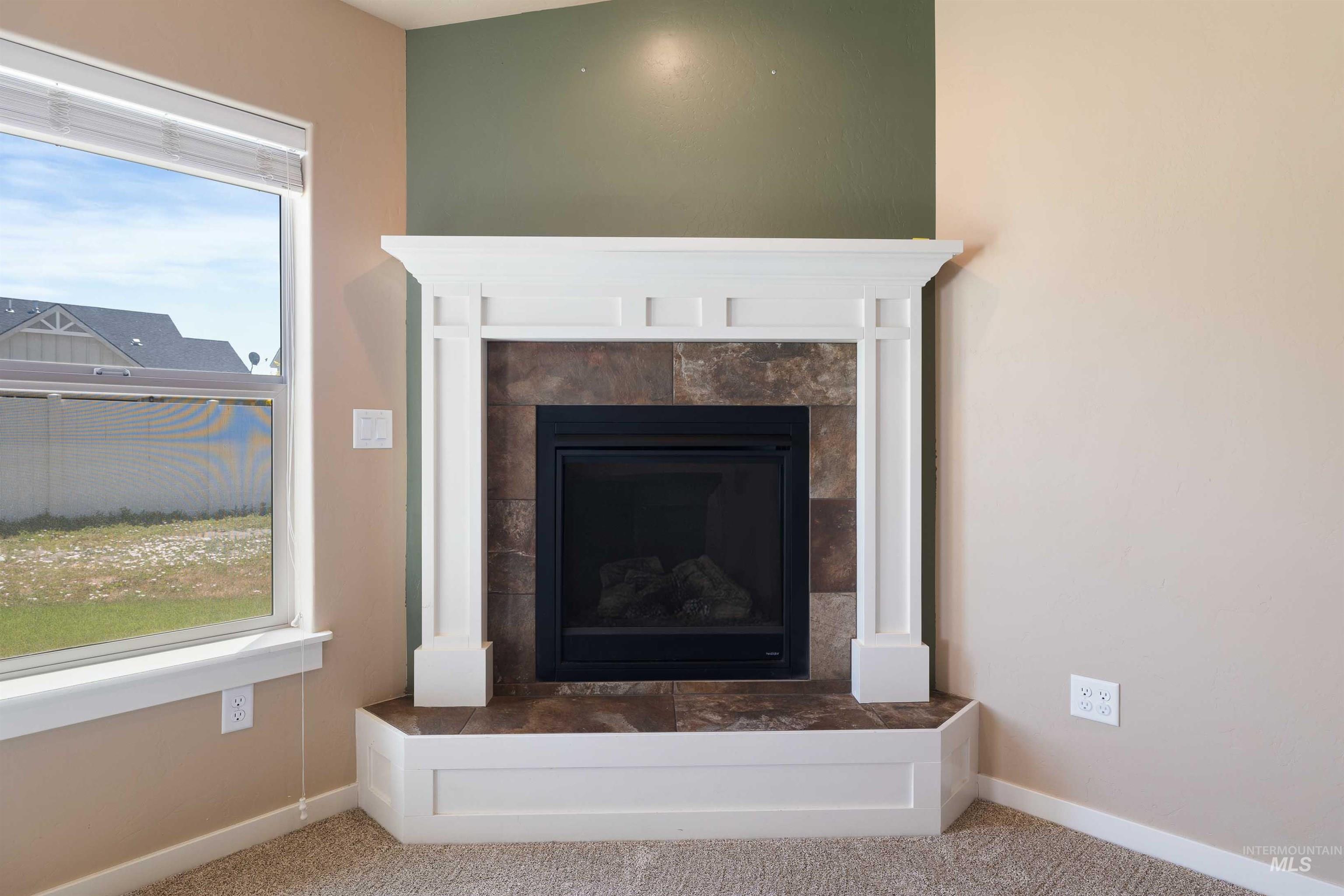 Detailed view of carpet and a tiled fireplace