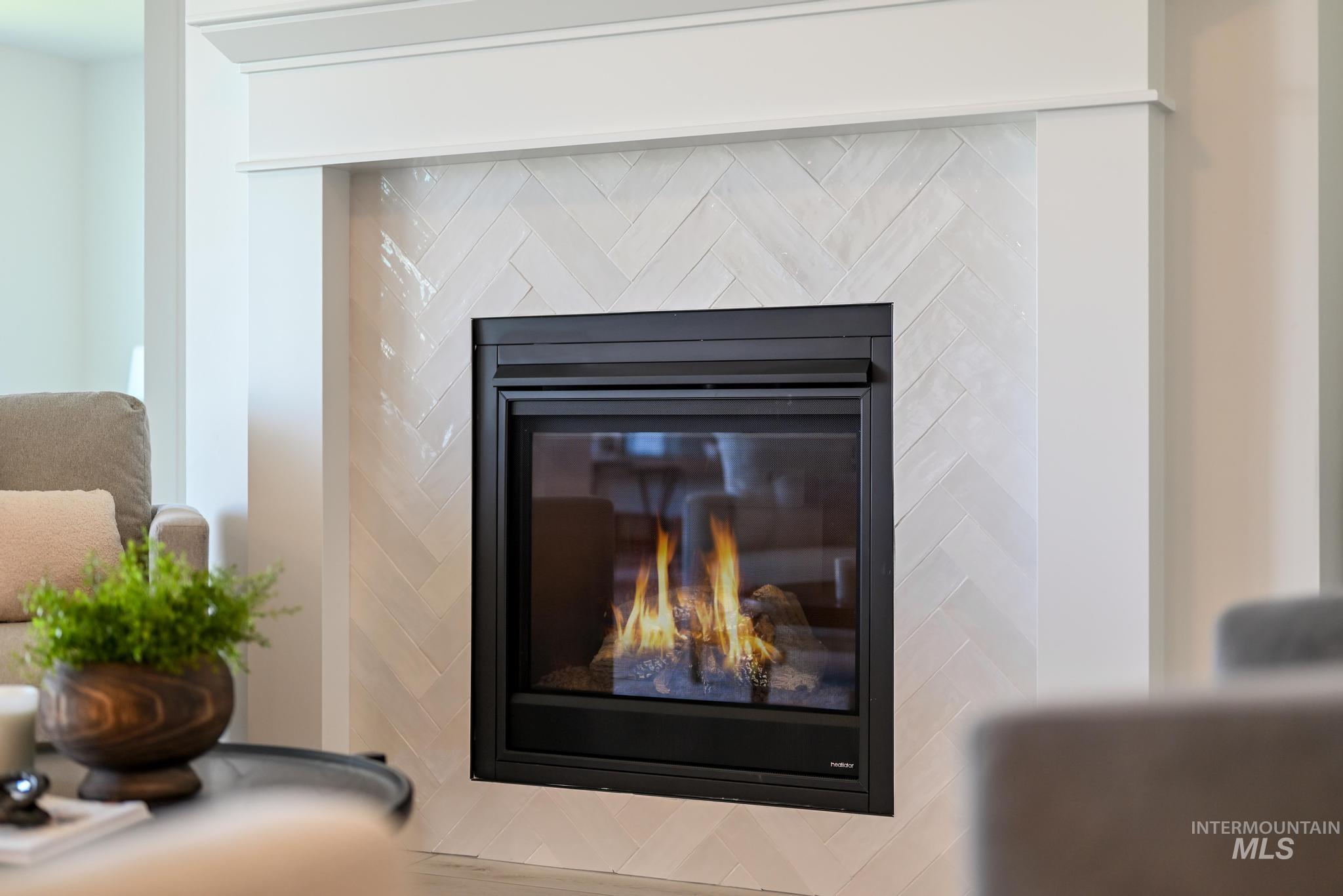 Detailed view of a glass covered fireplace