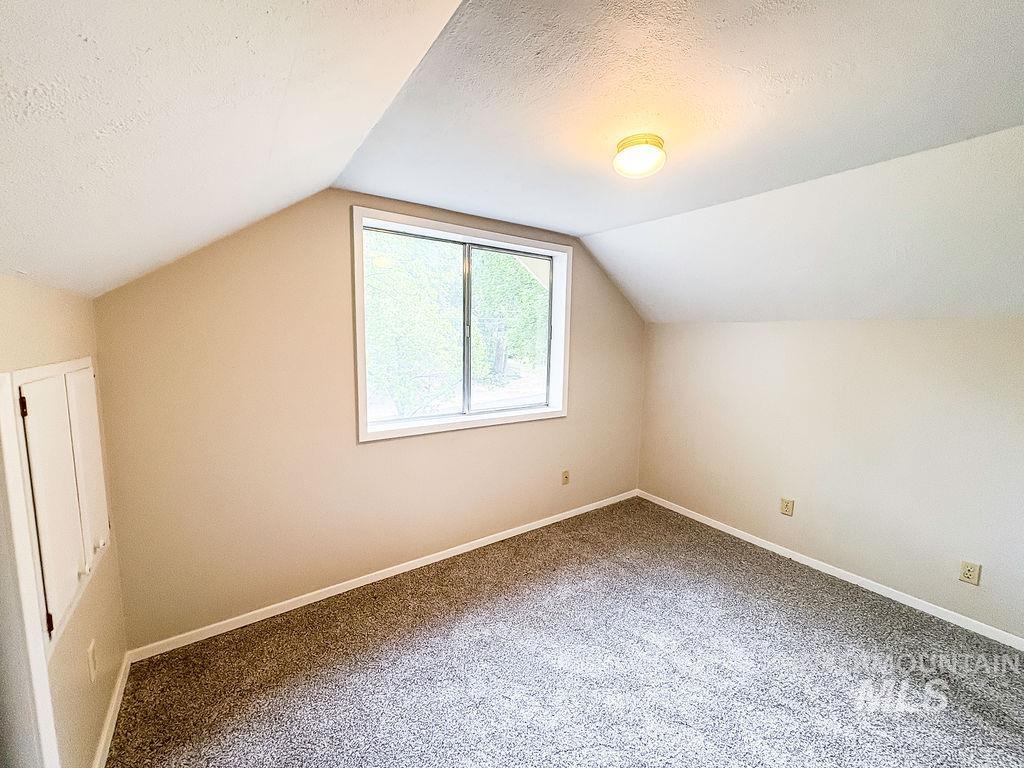 Bonus room featuring lofted ceiling, carpet flooring, and a textured ceiling
