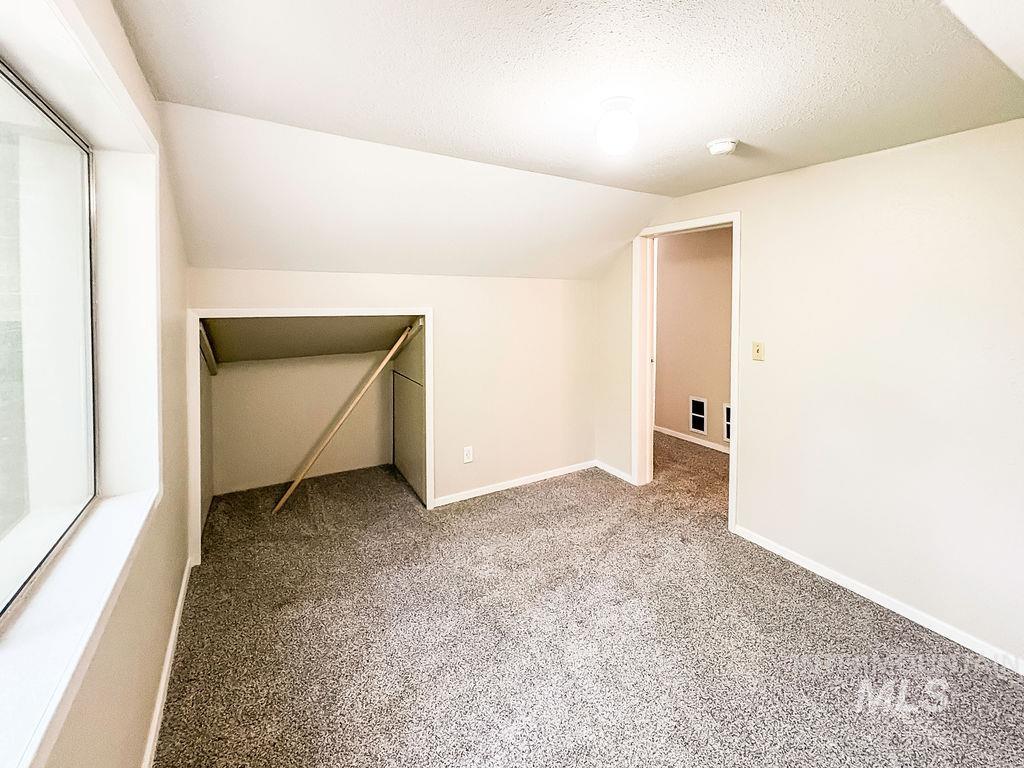 Bonus room featuring carpet, lofted ceiling, and a textured ceiling