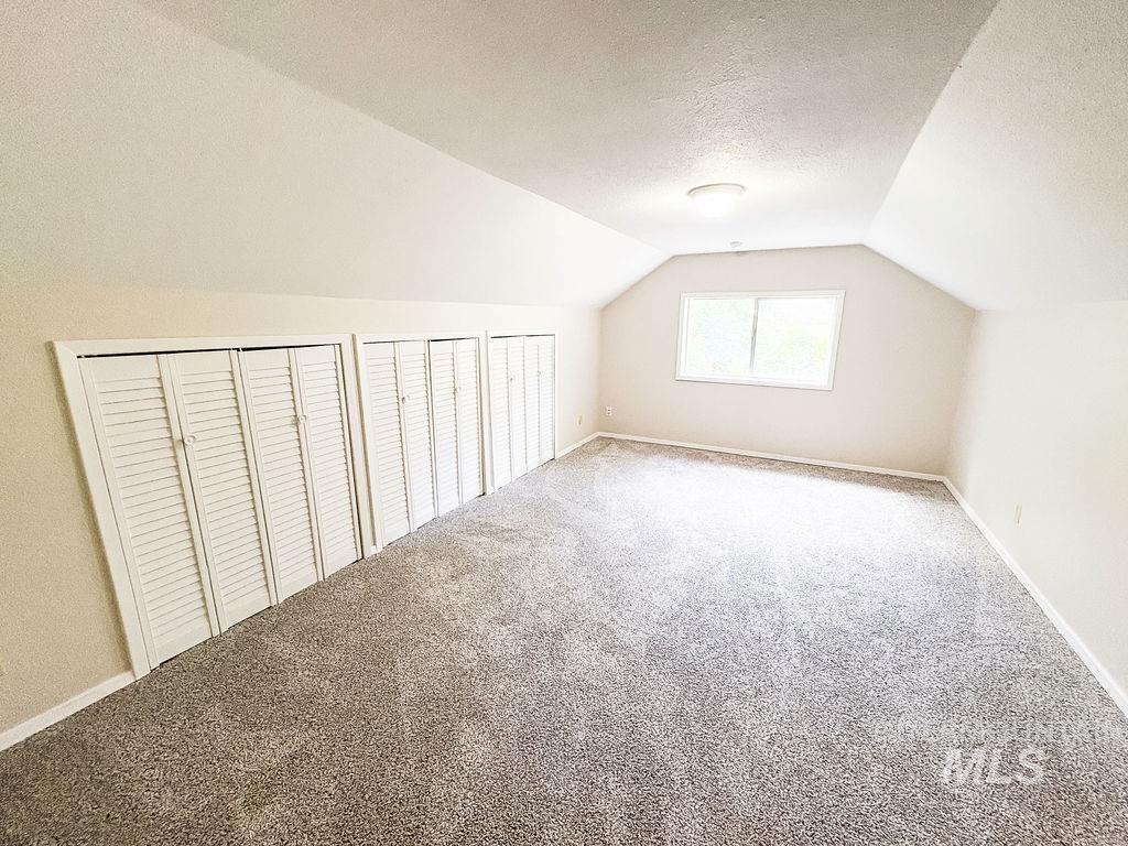 Additional living space with carpet flooring, lofted ceiling, and a textured ceiling