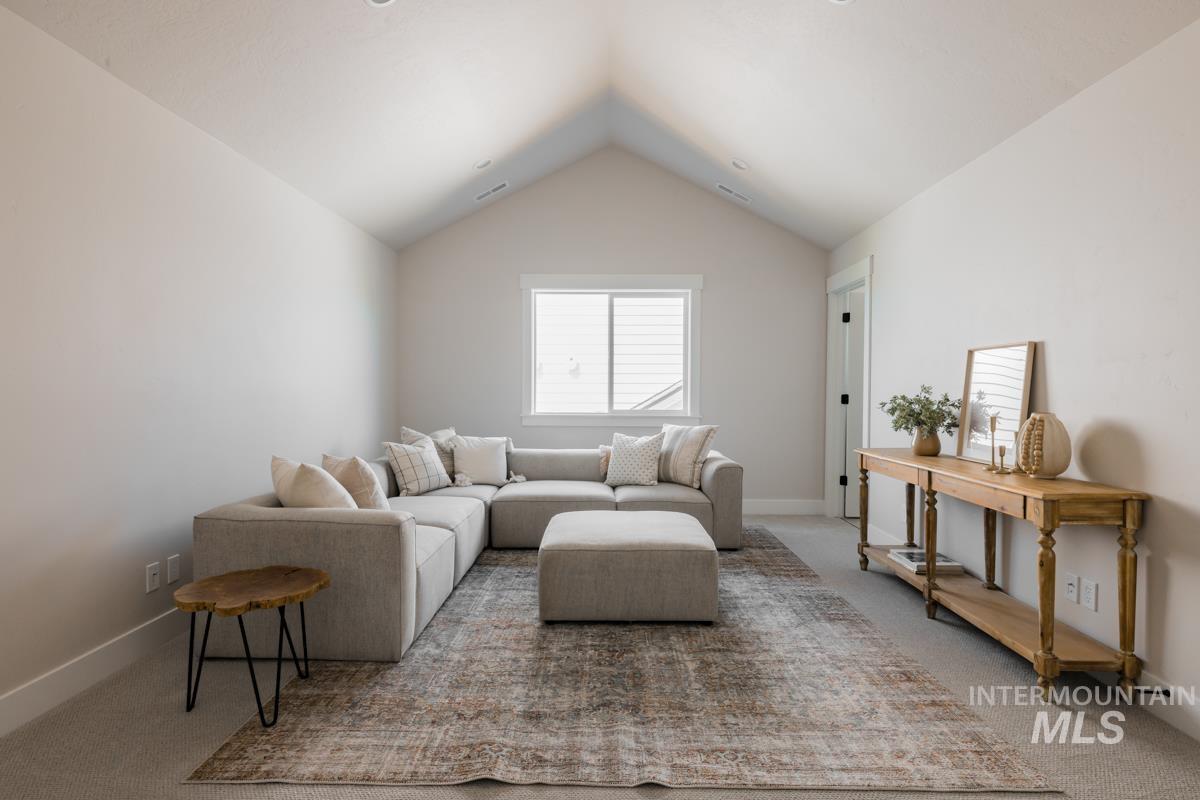 Living room featuring vaulted ceiling and carpet