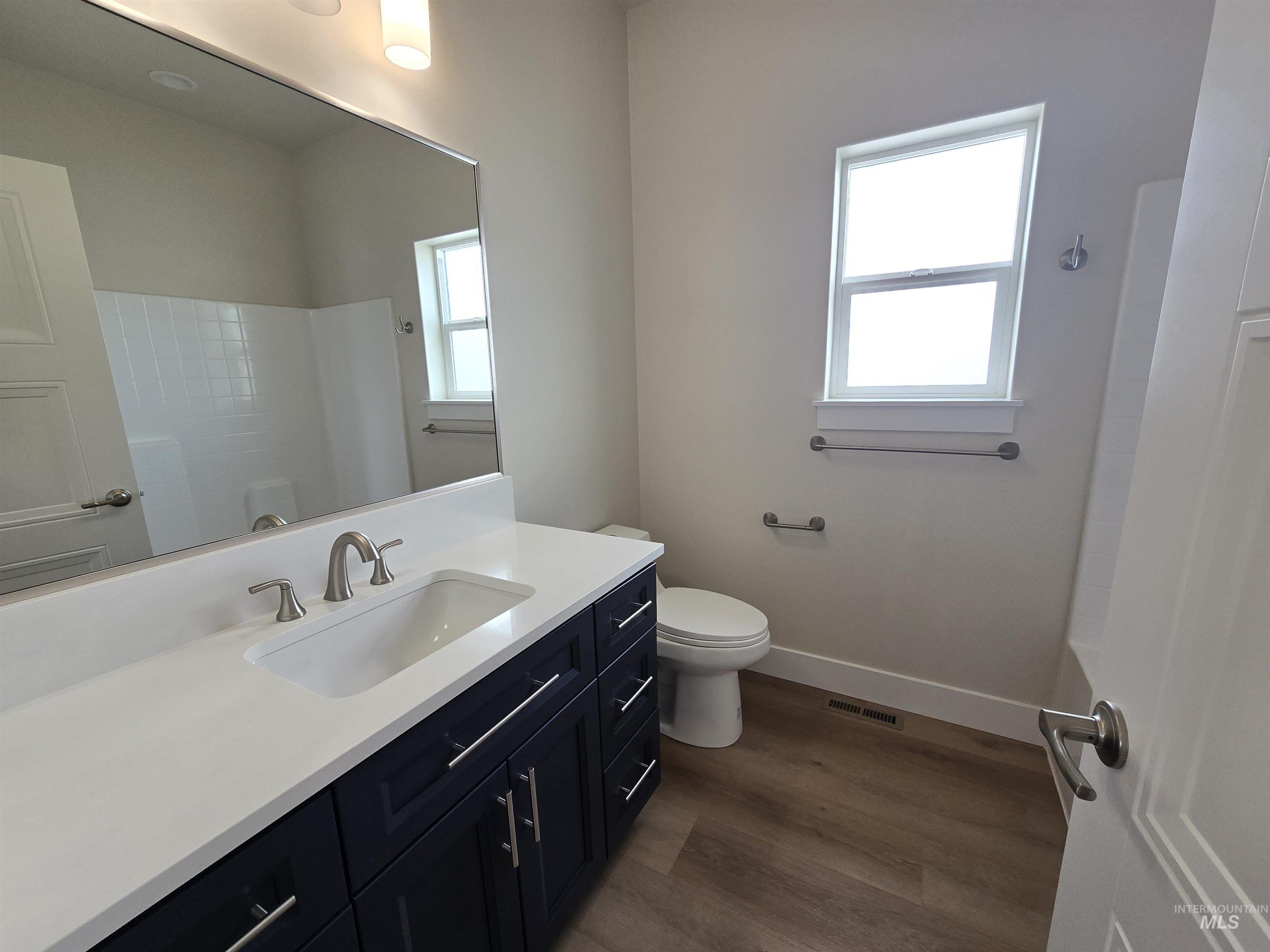 Bathroom with vanity, healthy amount of natural light, and wood finished floors