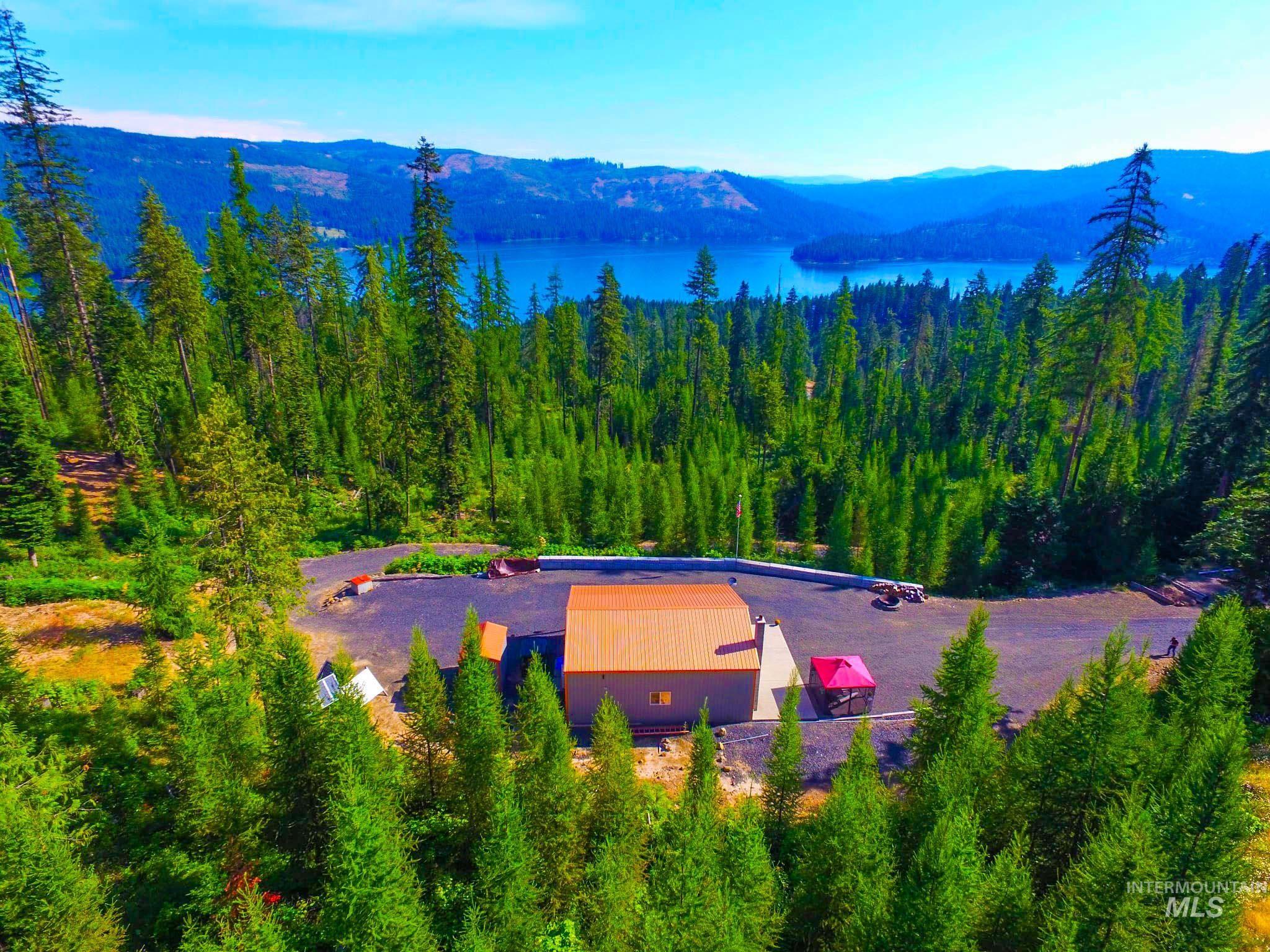 Aerial view of property and surrounding area featuring a forest and a water and mountain view
