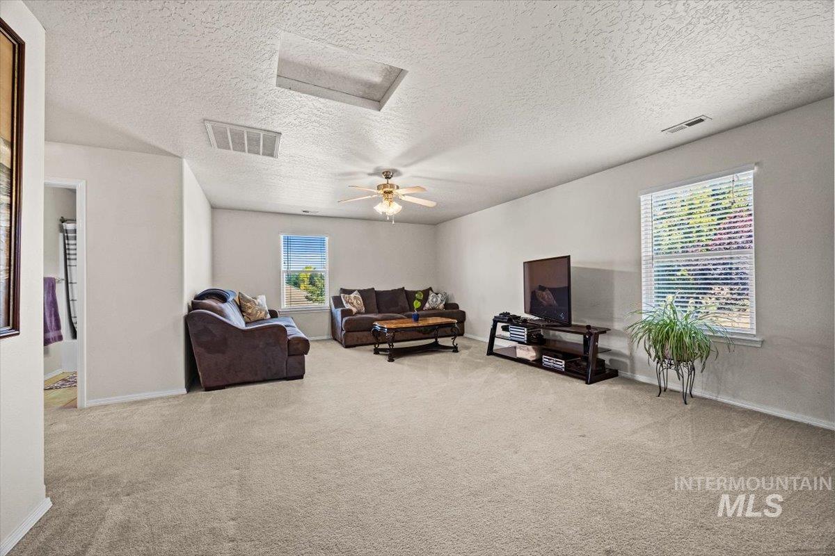 Living room featuring attic access, carpet floors, a textured ceiling, and a ceiling fan