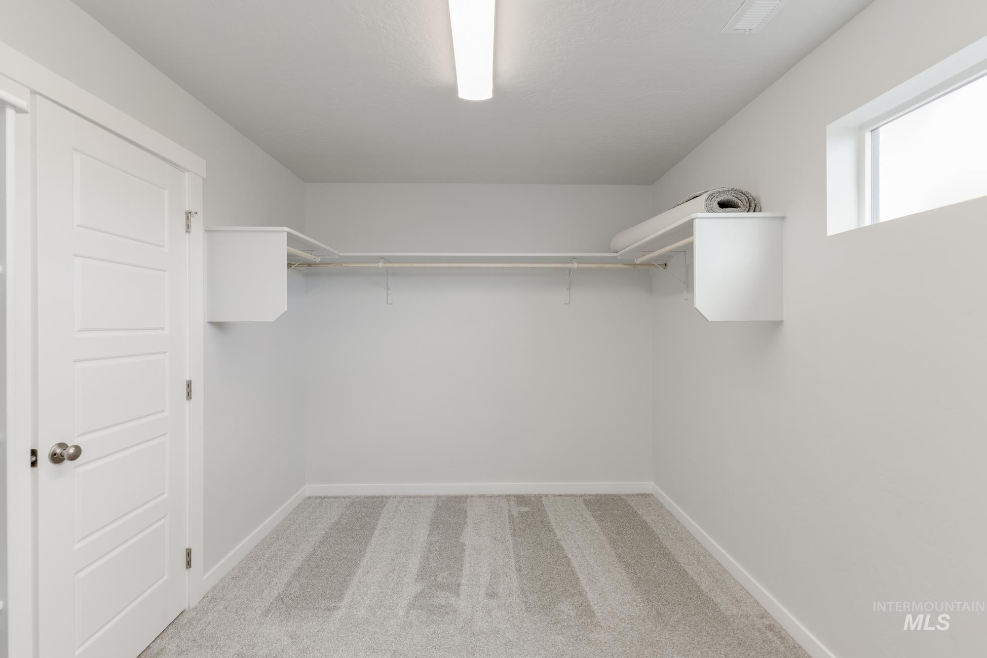 Walk in closet with light carpet
