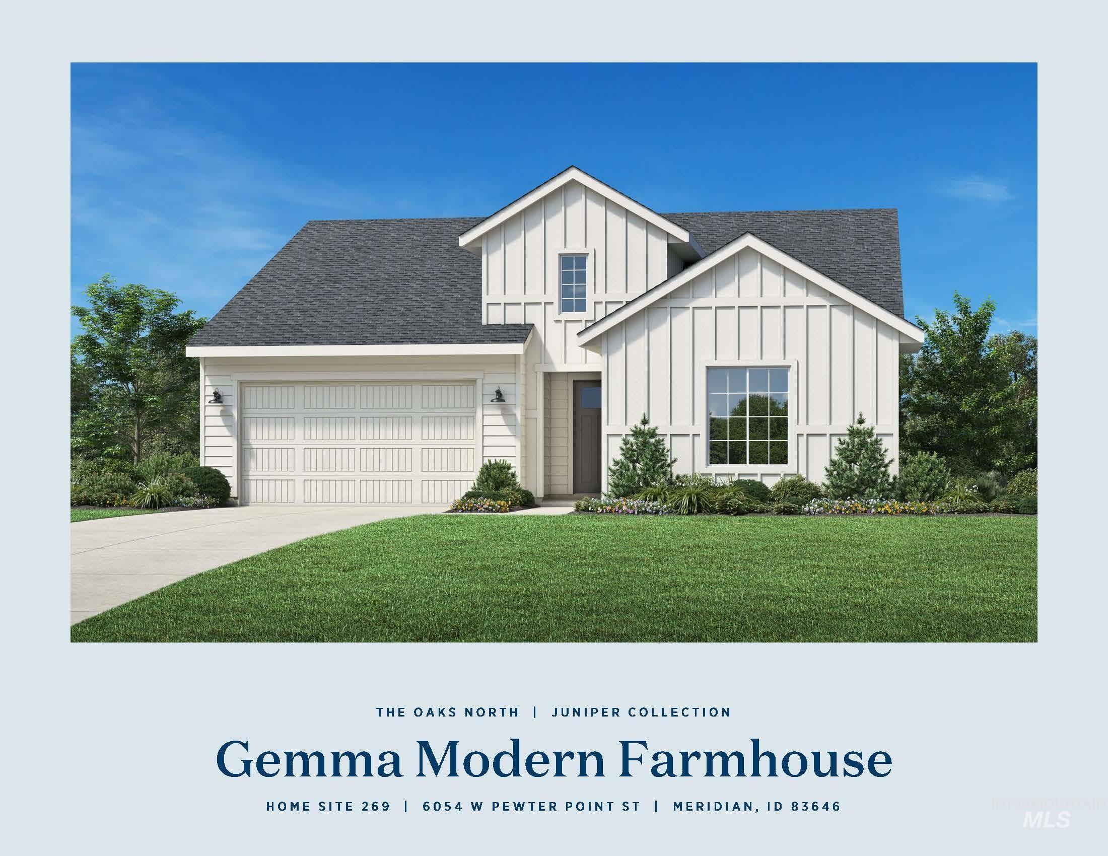 Modern inspired farmhouse with board and batten siding, roof with shingles, an attached garage, and a front lawn