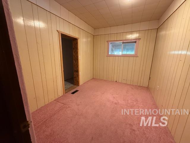 Spare room with carpet and wood walls