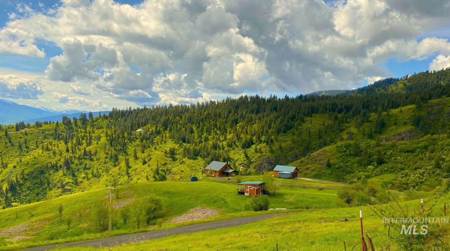 Aerial view of sparsely populated area featuring a forest and a mountain backdrop