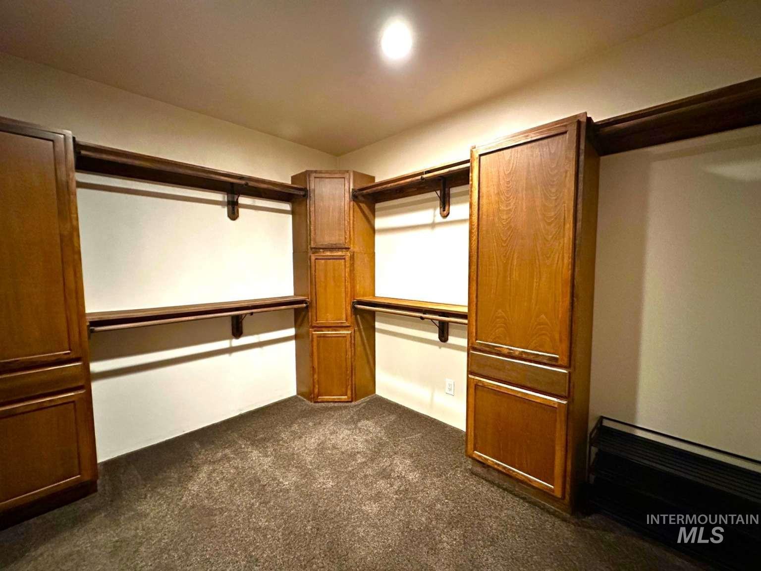 Walk in closet with dark carpet