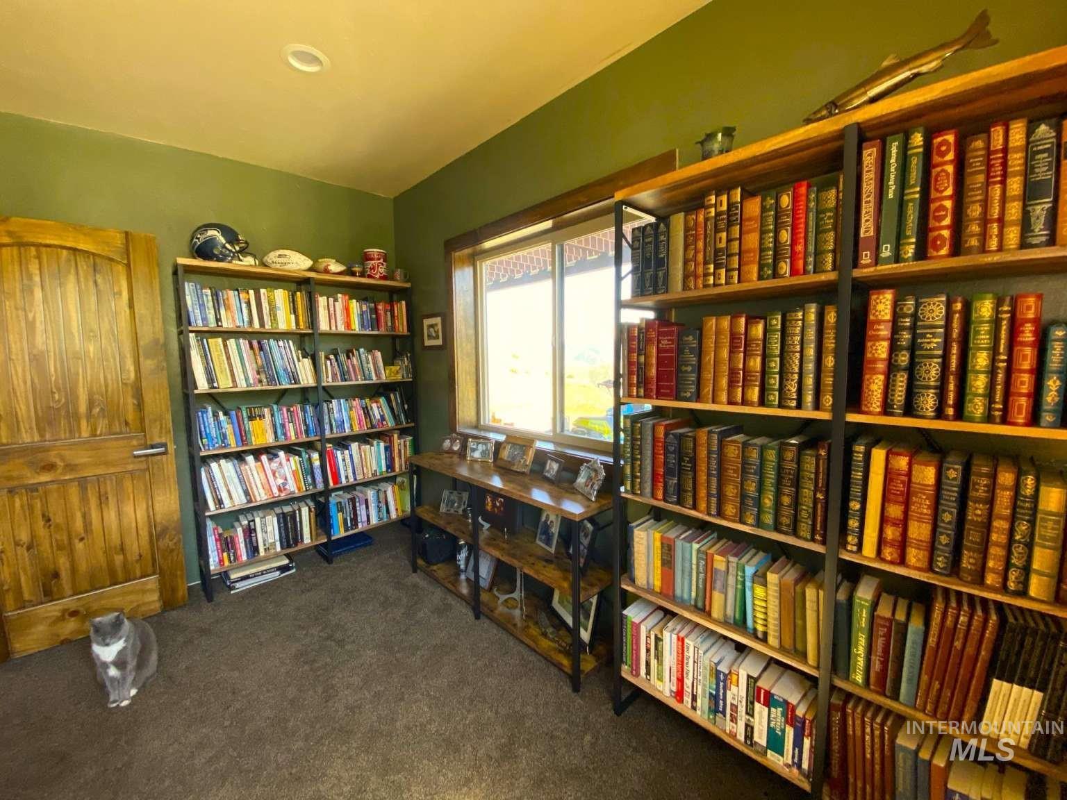 Sitting room with dark colored carpet