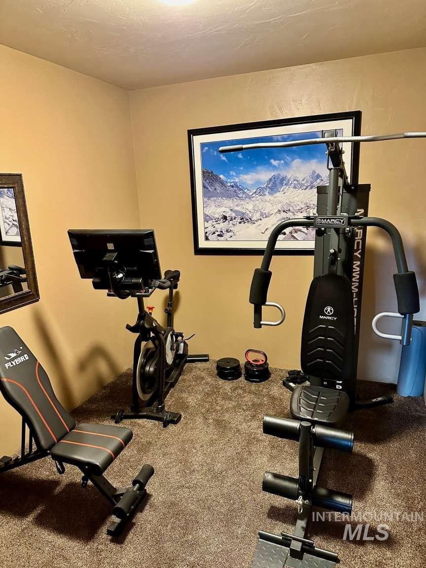 Exercise area featuring carpet flooring