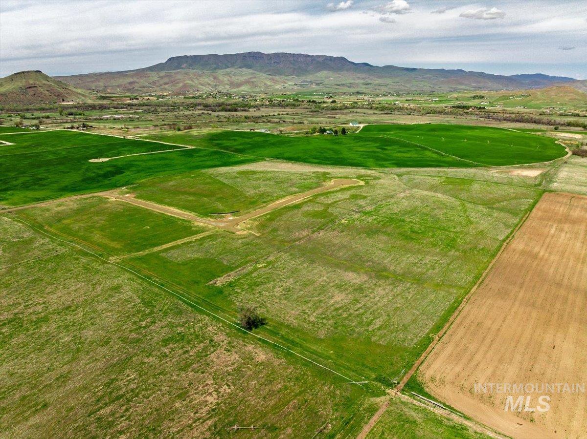 Overview of rural landscape with mountains and rows of crops