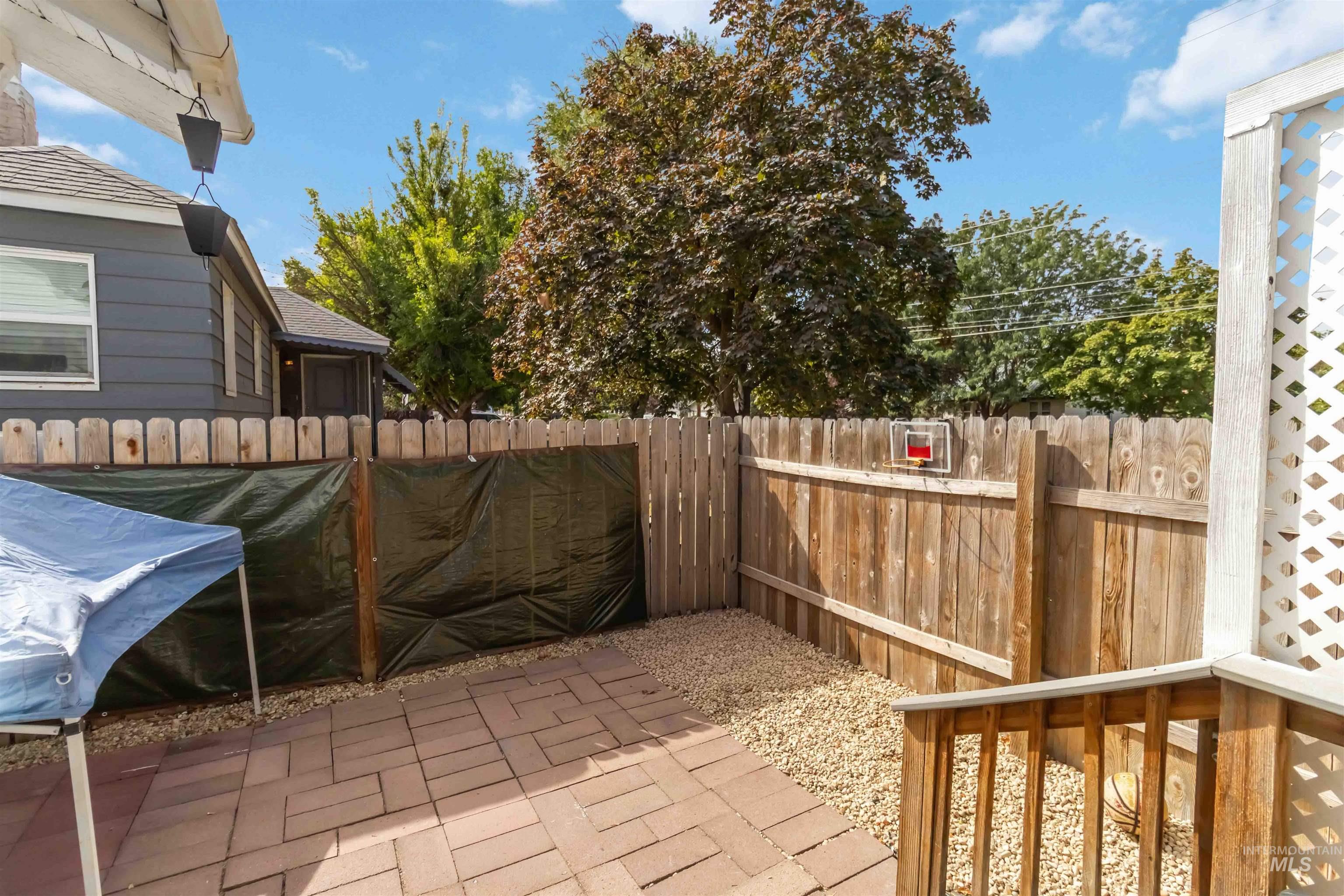 Fenced backyard featuring a patio