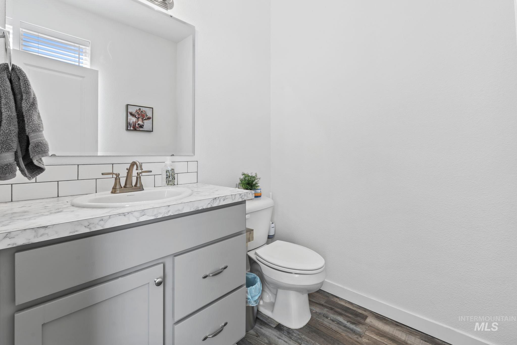 Bathroom featuring vanity, decorative backsplash, and wood finished floors