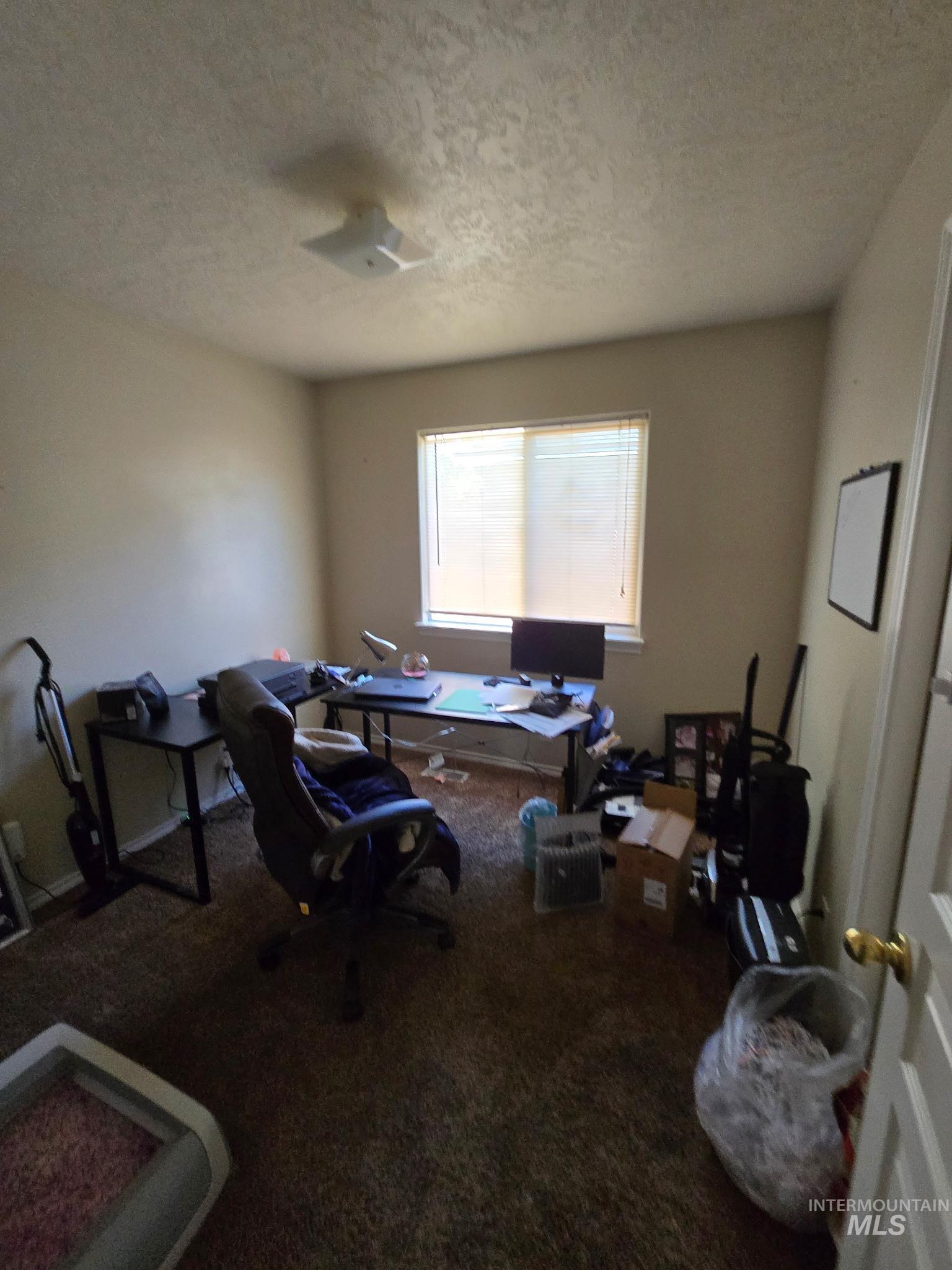 Office space featuring a textured ceiling and carpet flooring