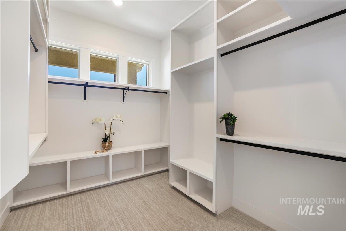 Walk in closet featuring light colored carpet