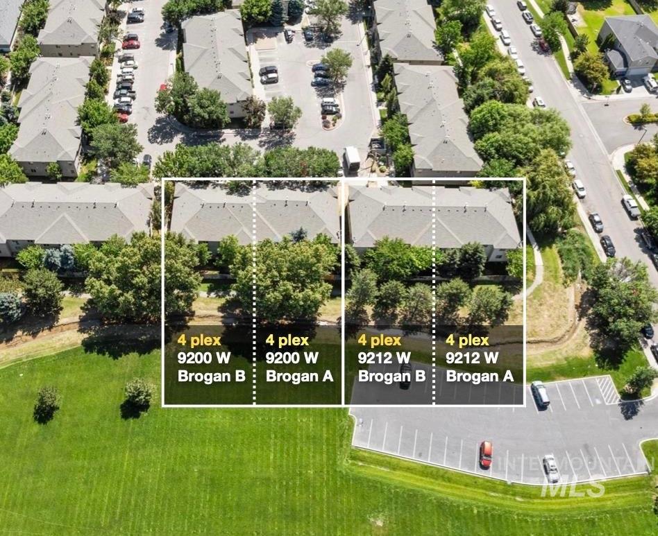 Aerial view of residential area with property boundaries highlighted