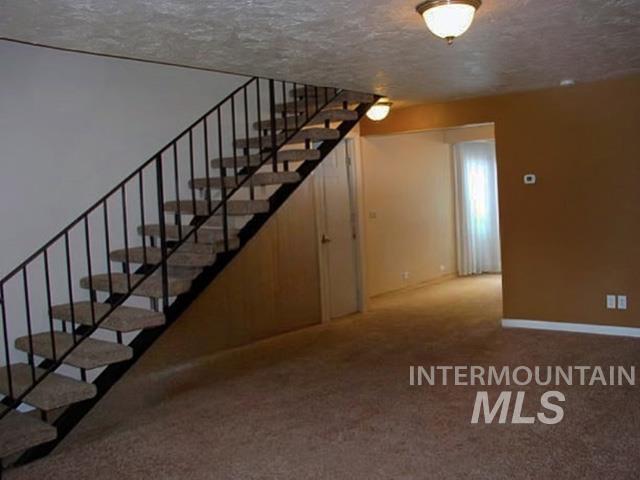 Stairway featuring carpet flooring and a textured ceiling