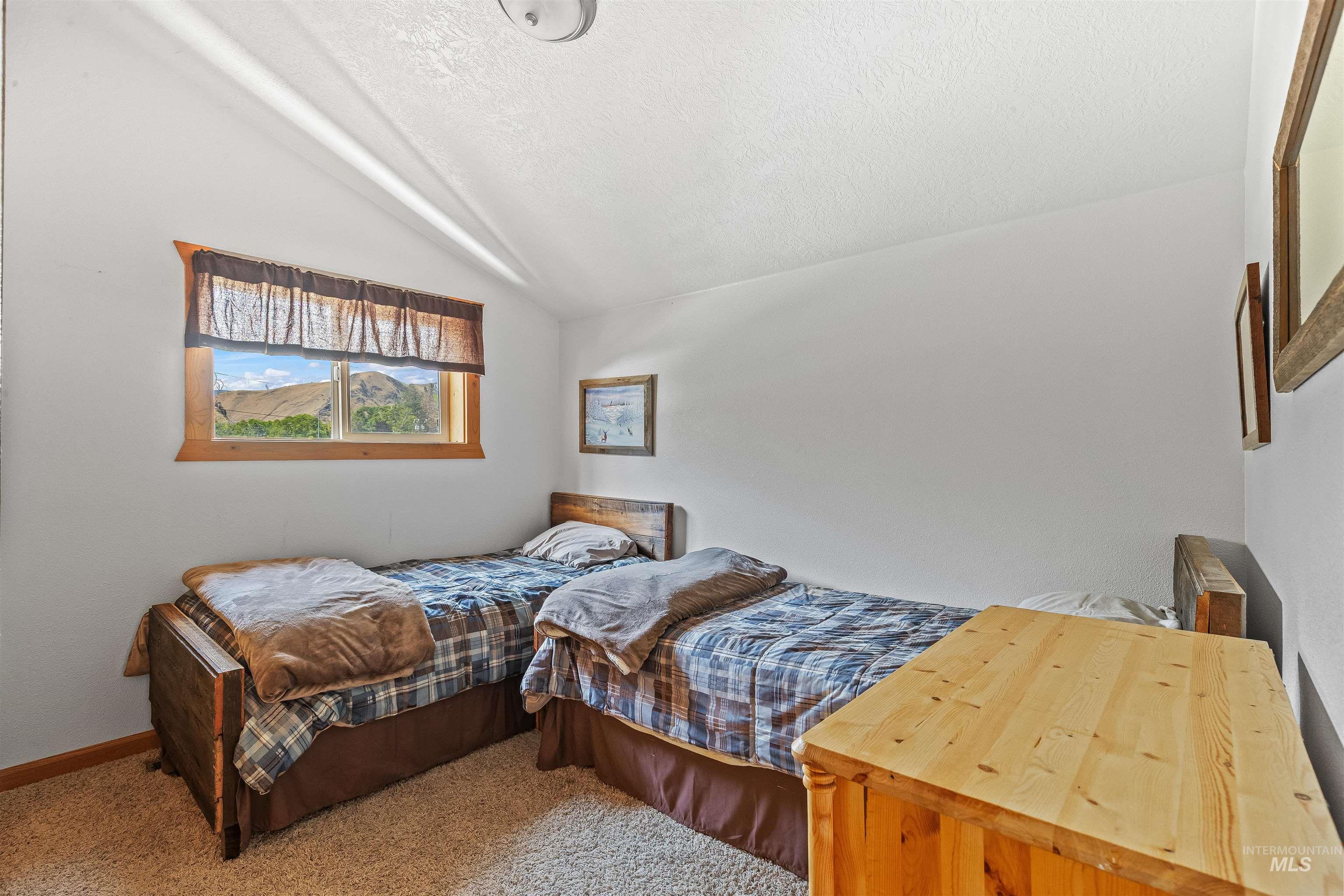 Carpeted bedroom featuring lofted ceiling and a textured ceiling