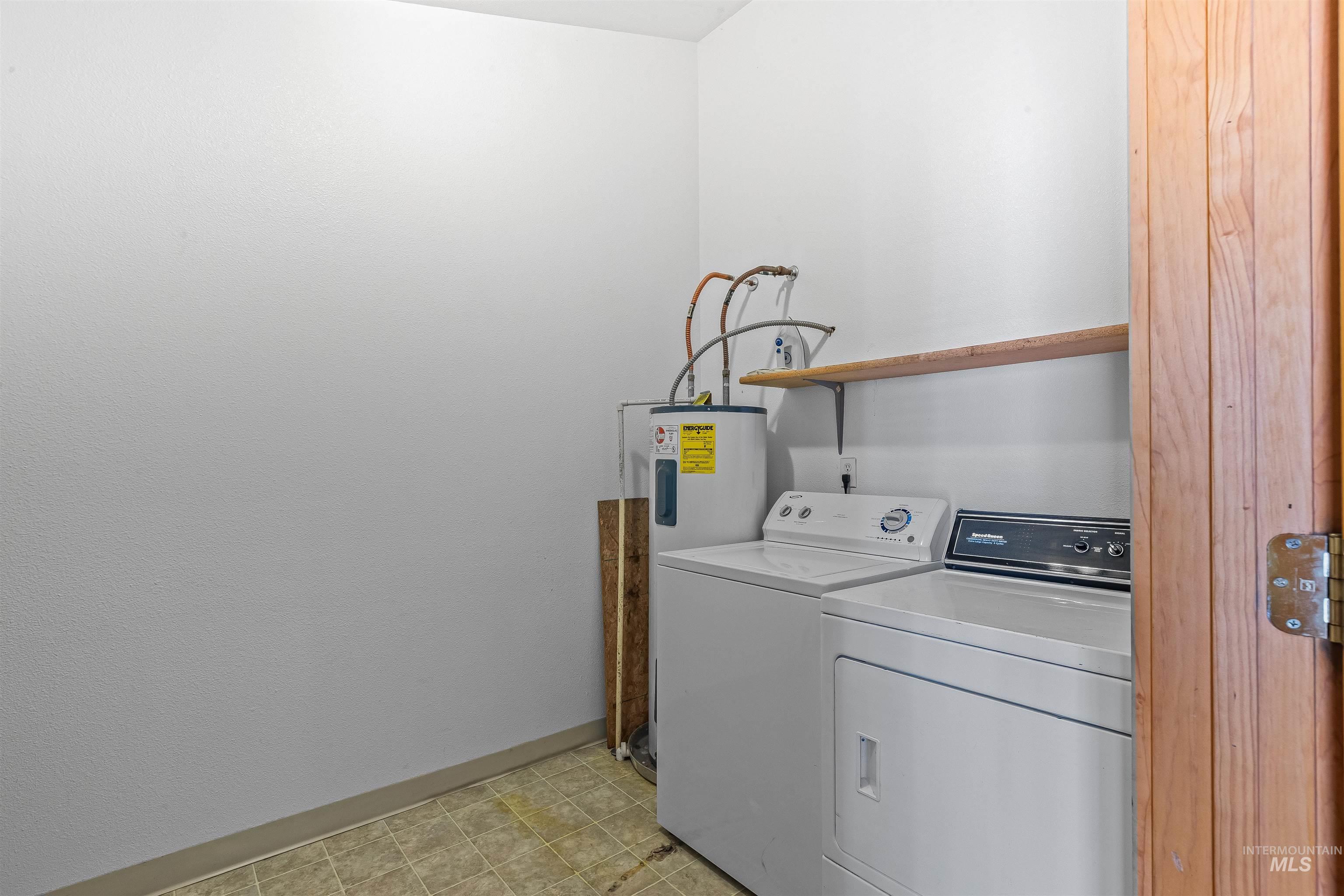 Laundry room featuring electric water heater and washer and clothes dryer