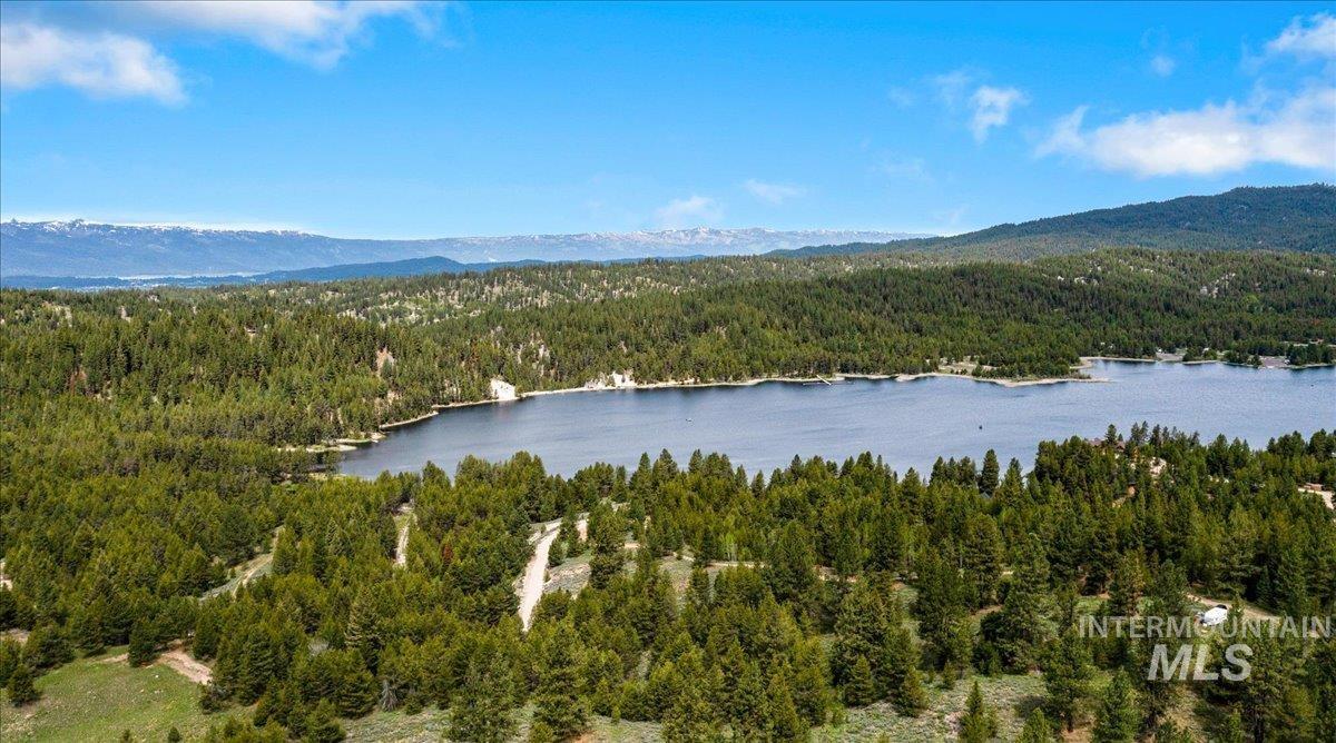 Drone / aerial view of a heavily wooded area and a water and mountain view