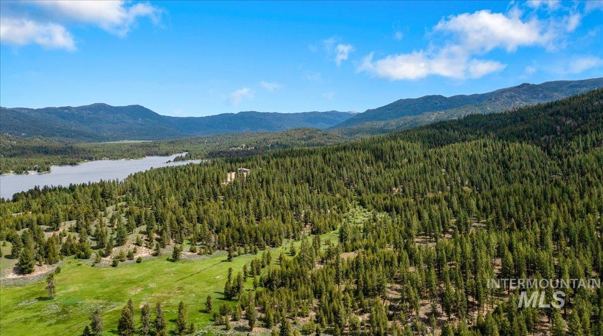 View of mountain background featuring a heavily wooded area and a large body of water