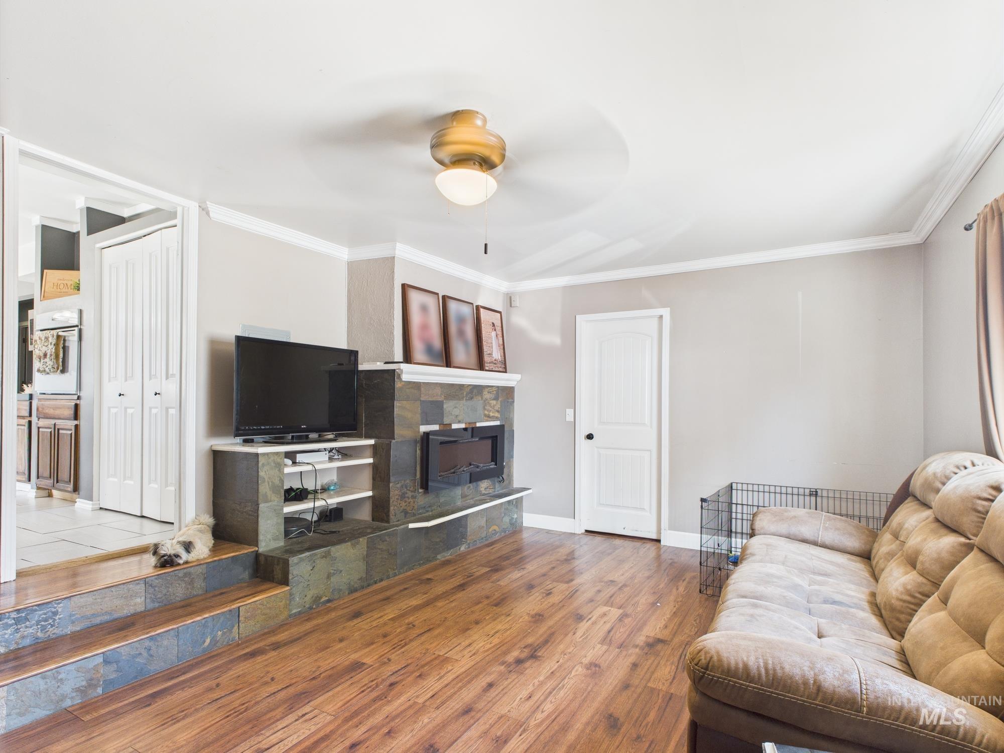 Living room with wood finished floors, a ceiling fan, and ornamental molding