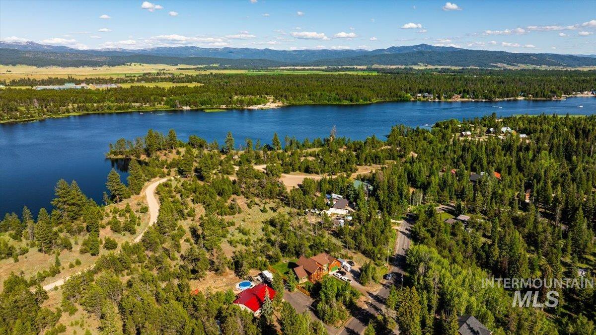 Aerial view of a water and mountain view
