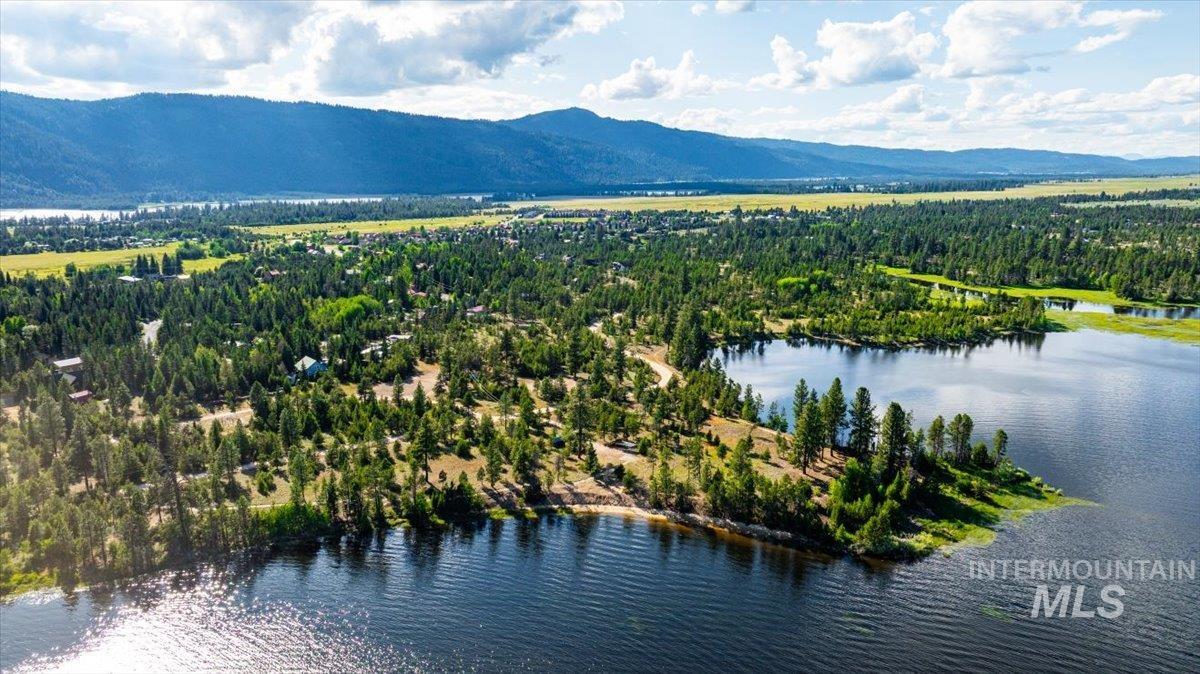 Bird\'s eye view of a water and mountain view and a heavily wooded area