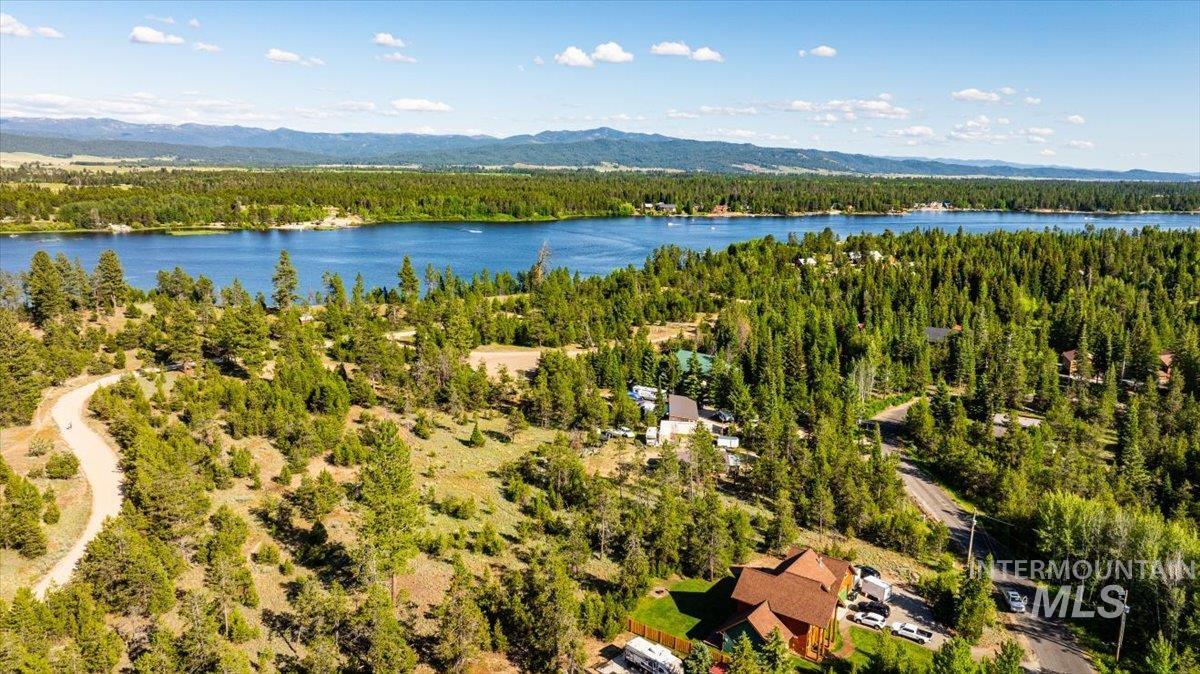 Bird\'s eye view of a water and mountain view